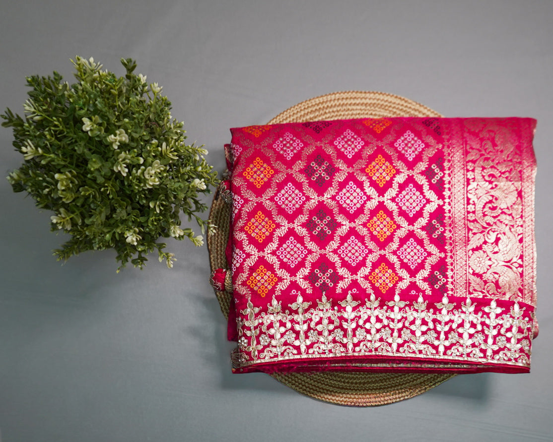 Pink Pure Silk Bandhani Saree – Heavy Embroidery with Zari Pallu Designer Saree