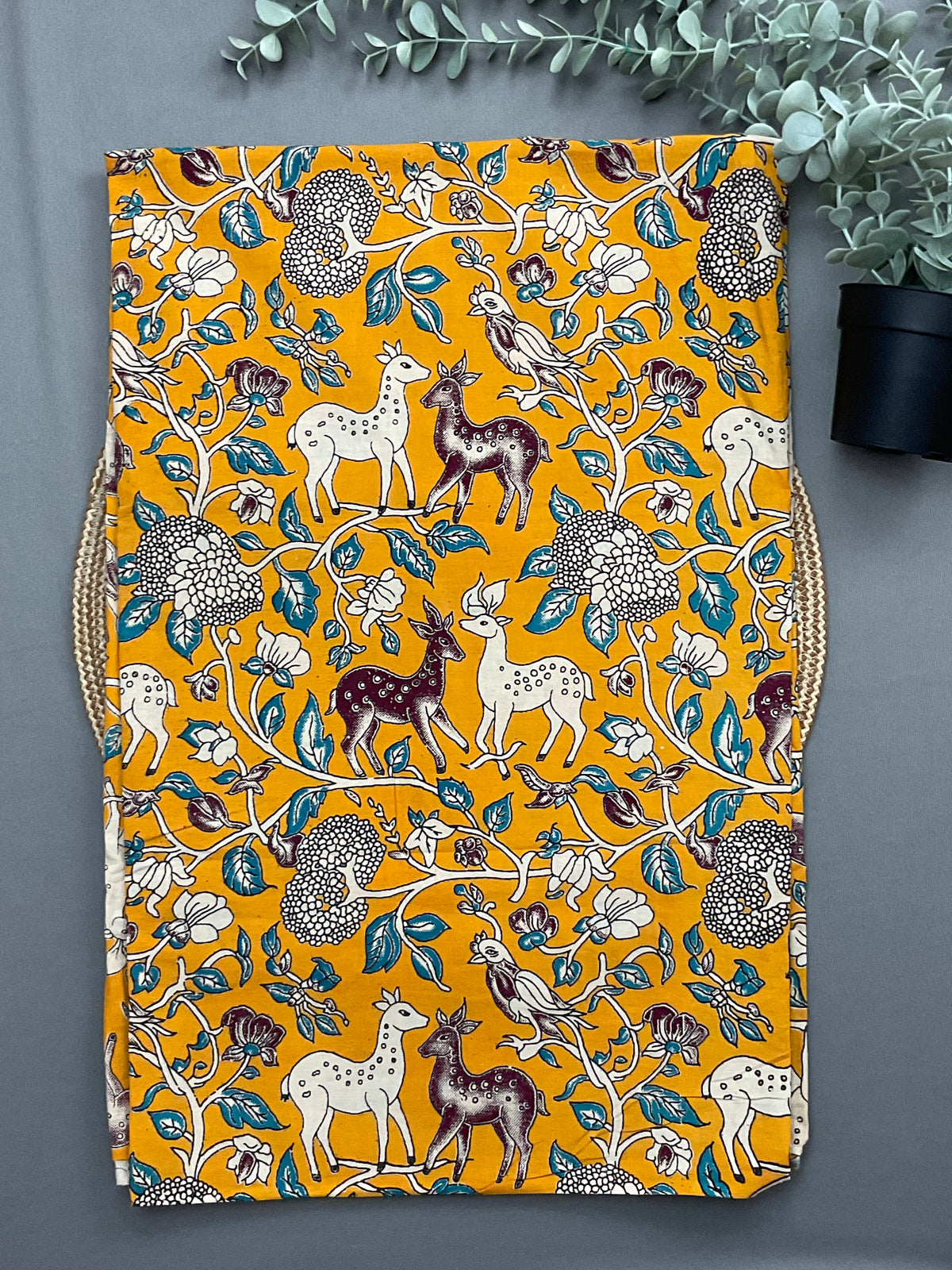 Mustard Kalamkari printed bottom fabric for sky blue ikkat suit set