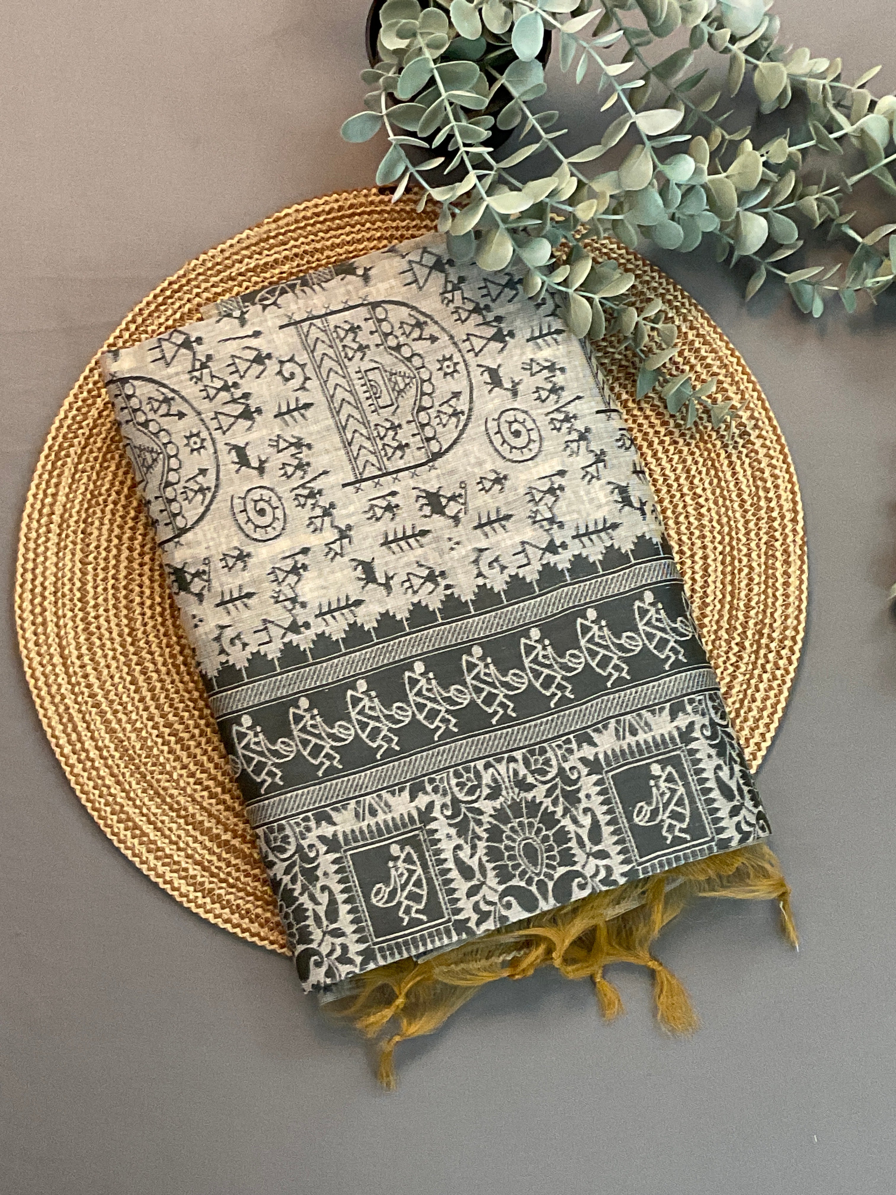 Grey Kalamkari Cotton-Linen Saree
