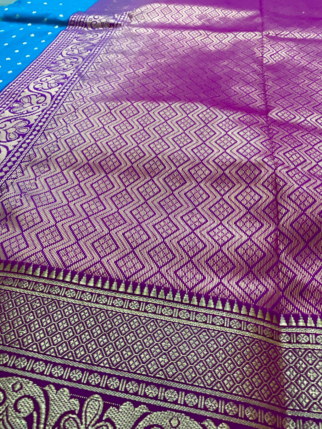 Blue Kanchipuram Silk Saree – Purple Contrast Pallu & Purple Heavy Border with Blouse