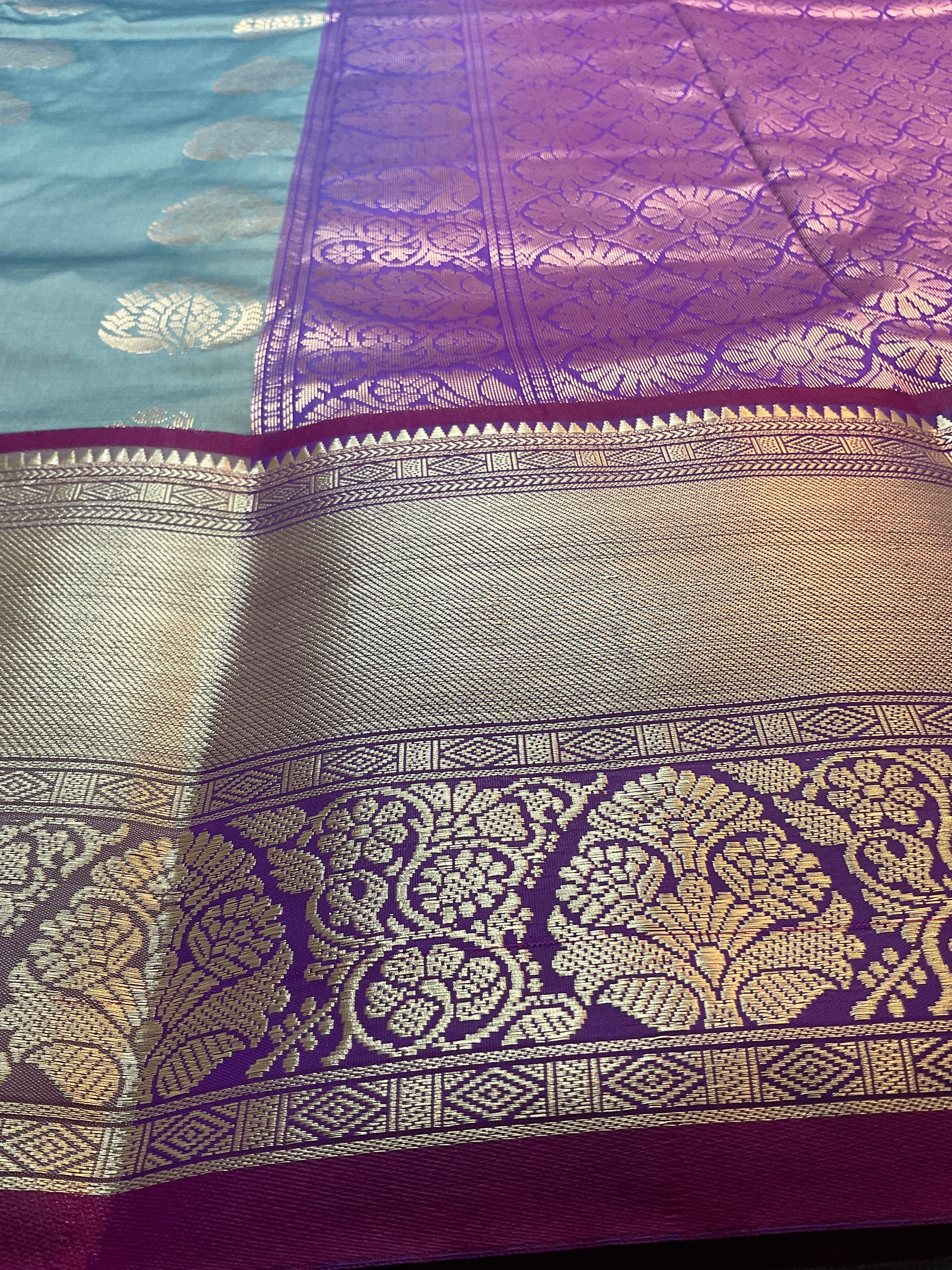 Kanchipuram Pattu Silk Saree in Grey with Contrast Pallu & Kanchi Border Blouse