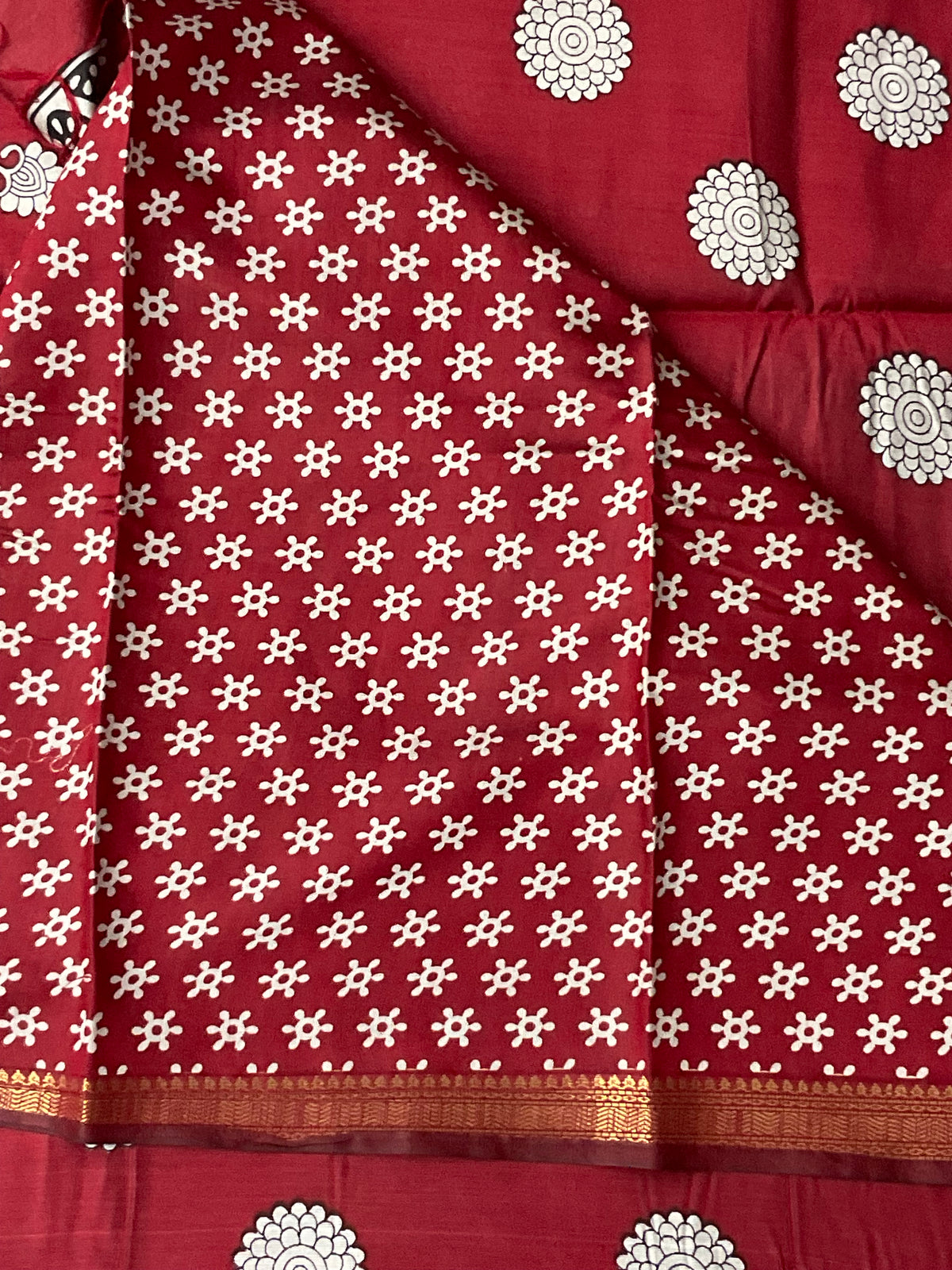 Kalamkari Printed Soft Silk Saree in Red with Designer Pallu and Gold Border