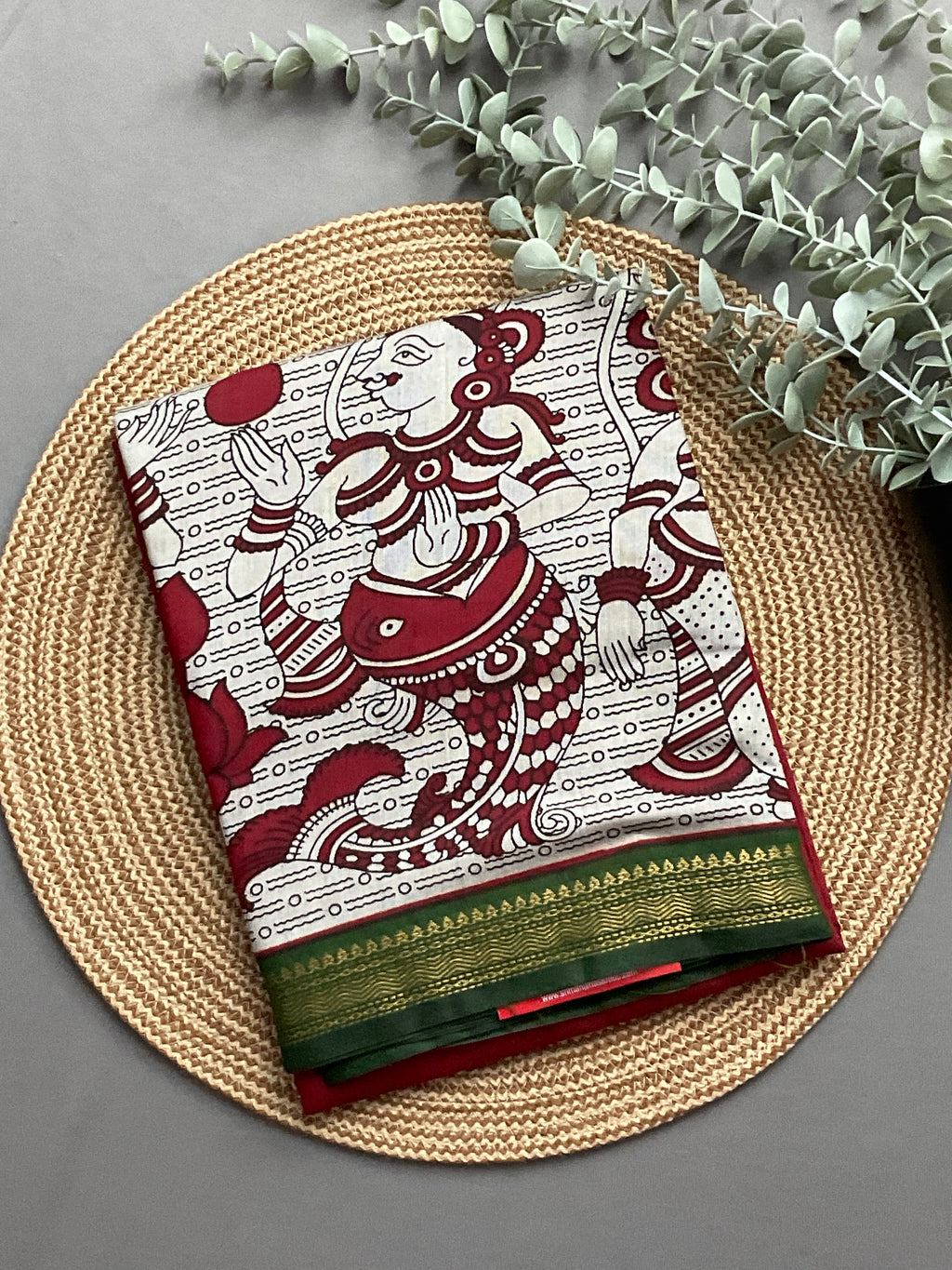 Pedana Kalamkari Hand-Block Soft Silk Saree in Deep Red with Green Designer Pallu & Gold Border
