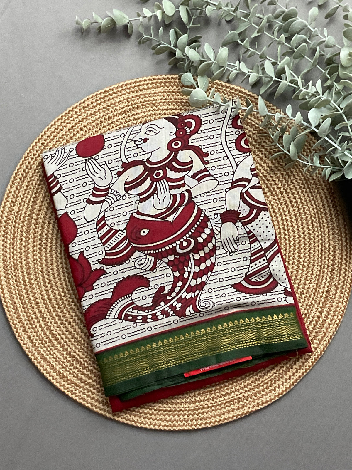 Pedana Kalamkari Hand-Block Soft Silk Saree in Deep Red with Green Designer Pallu & Gold Border