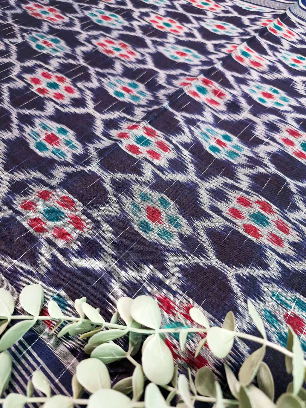 Navy Blue Pochampally Ikat Cotton Saree with Red Border