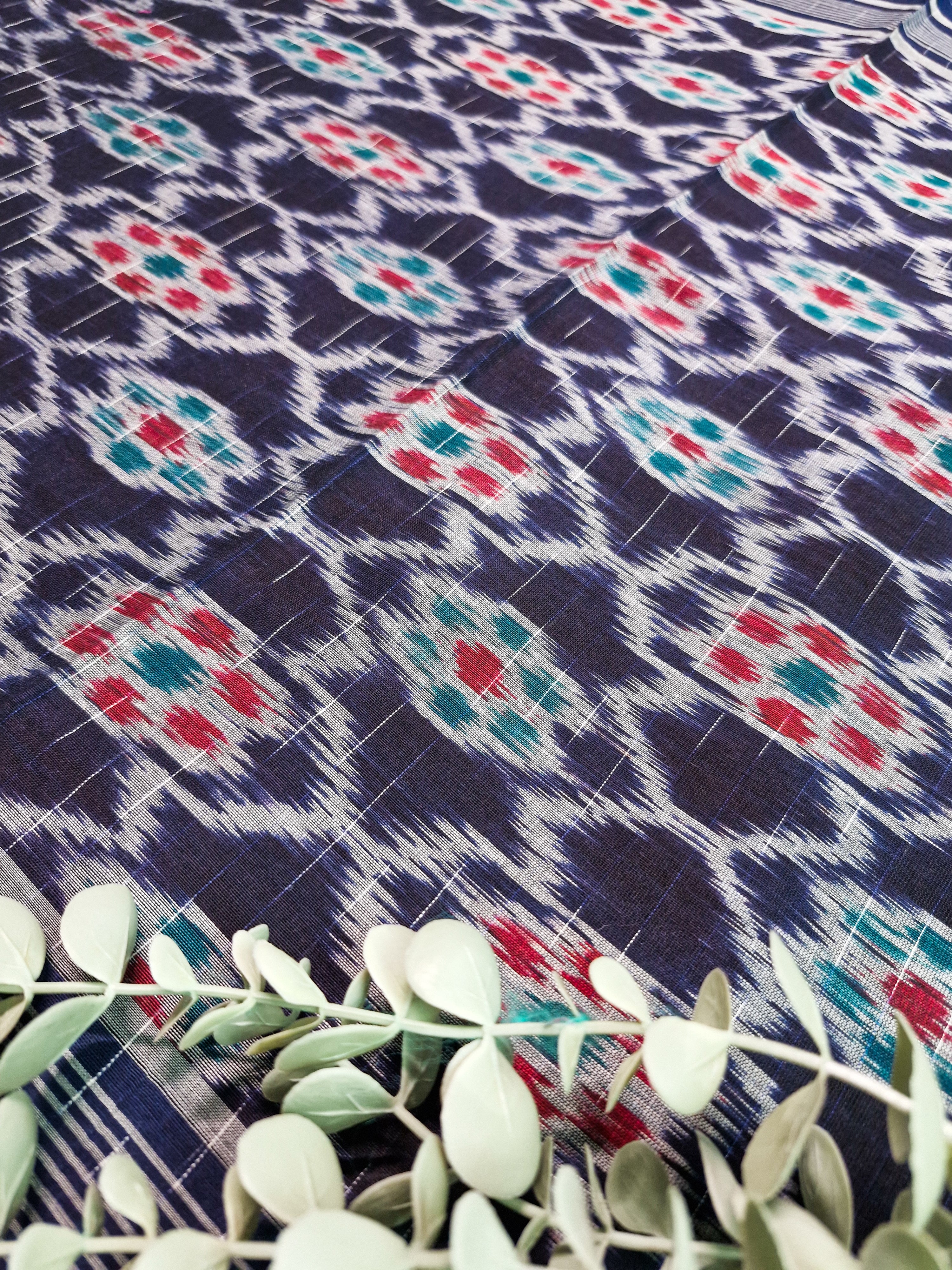 Navy Blue Pochampally Ikat Cotton Saree with Red Border