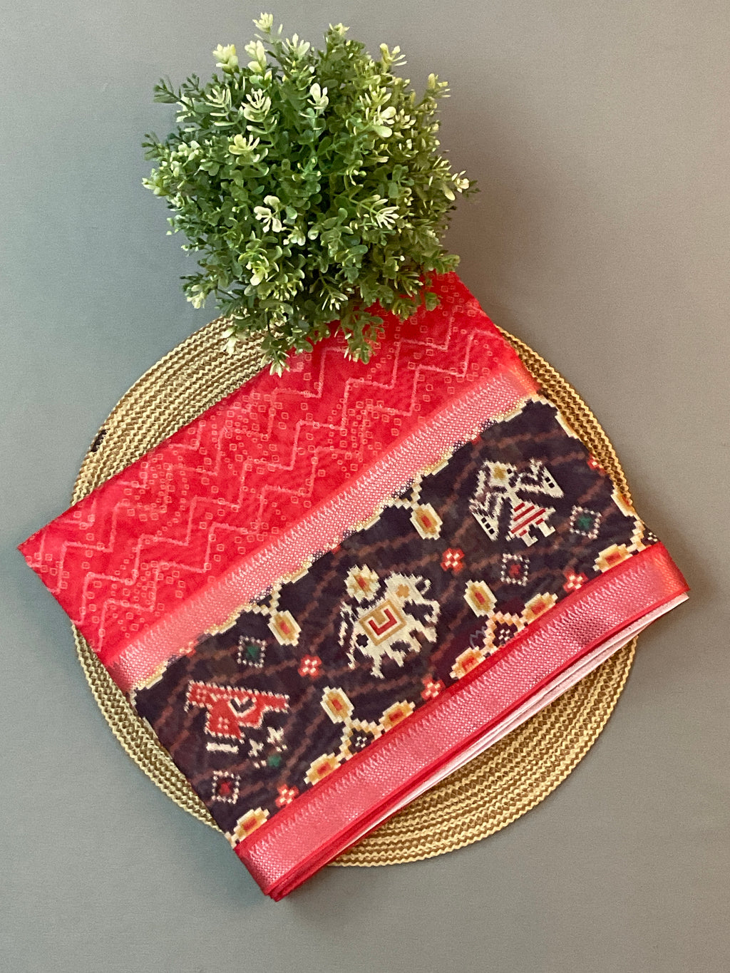Red Kalamkari Mirror Work Soft Silk Saree with Contrast Pallu