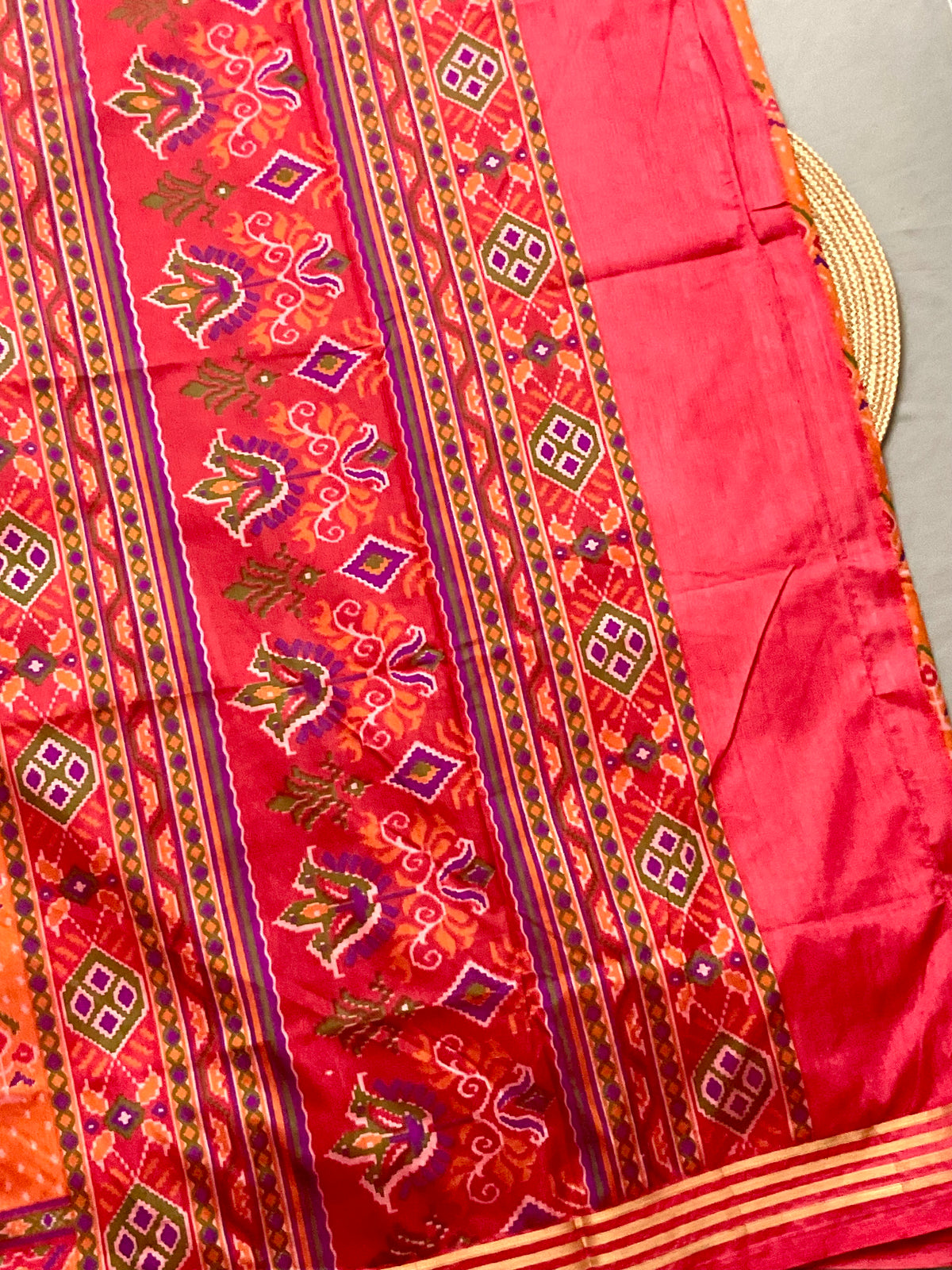 Handprinted Pochampally Patola Cotton Silk Saree in Orange with Red Patola Pallu