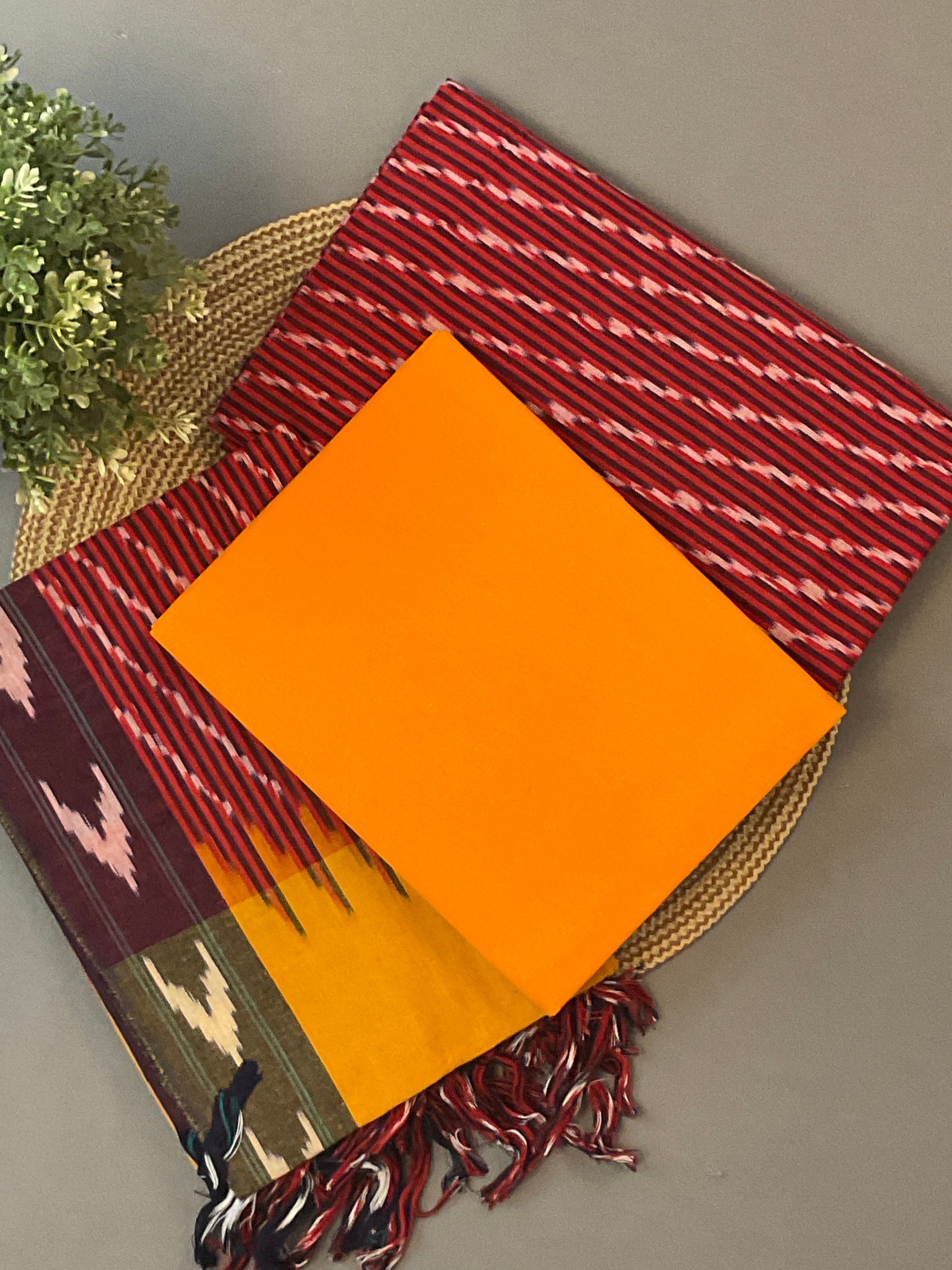 Red & Yellow Pochampally Ikat Cotton Unstitched Dress Material – 3-Piece Suit