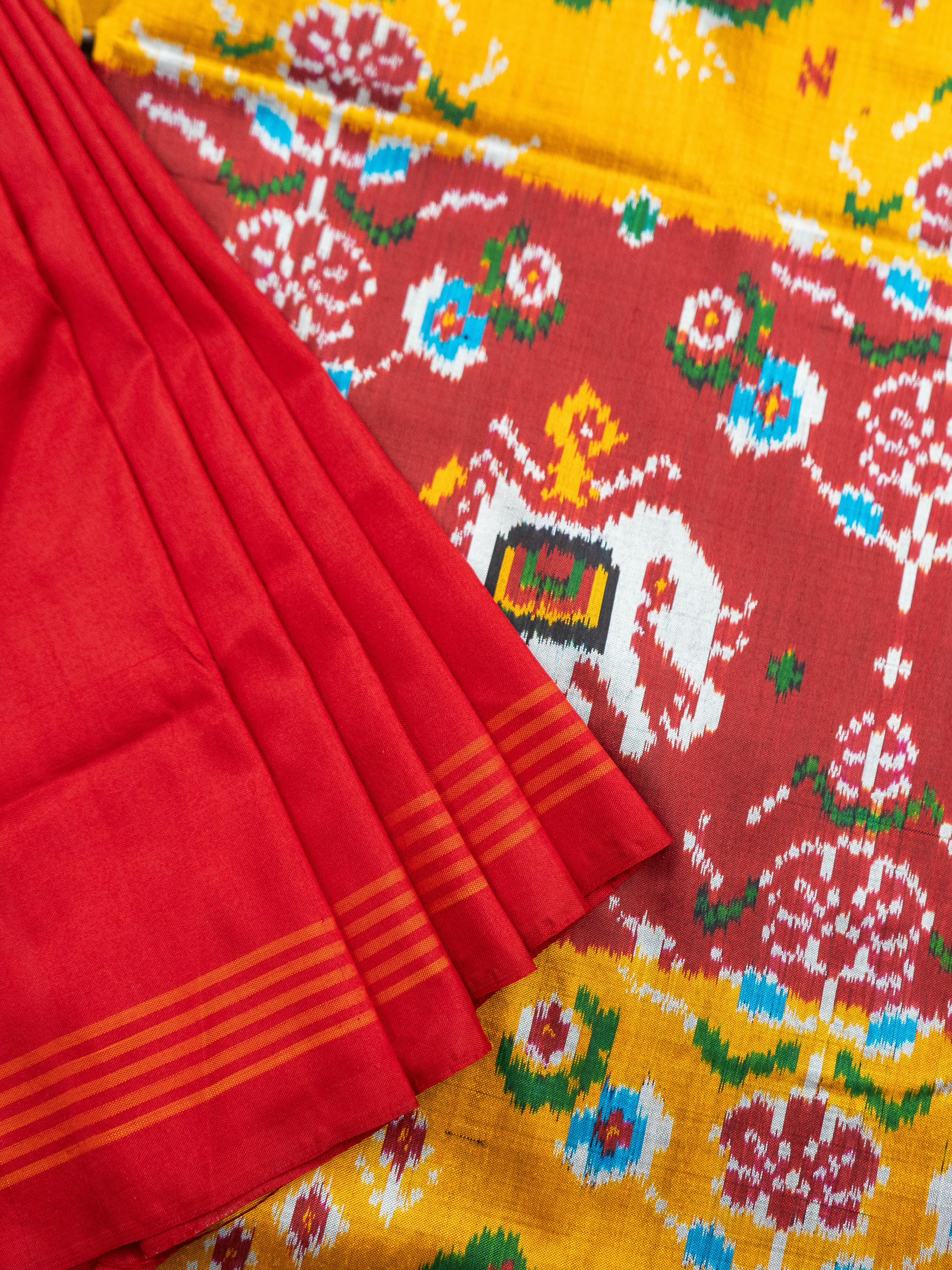 Red Mustard Pochampally Ikat Saree