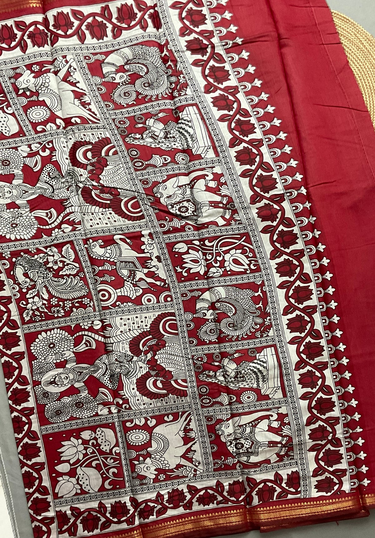 Pedana Kalamkari Hand-Block Soft Silk Saree in Deep Mustard with Red Designer Pallu & Gold Border