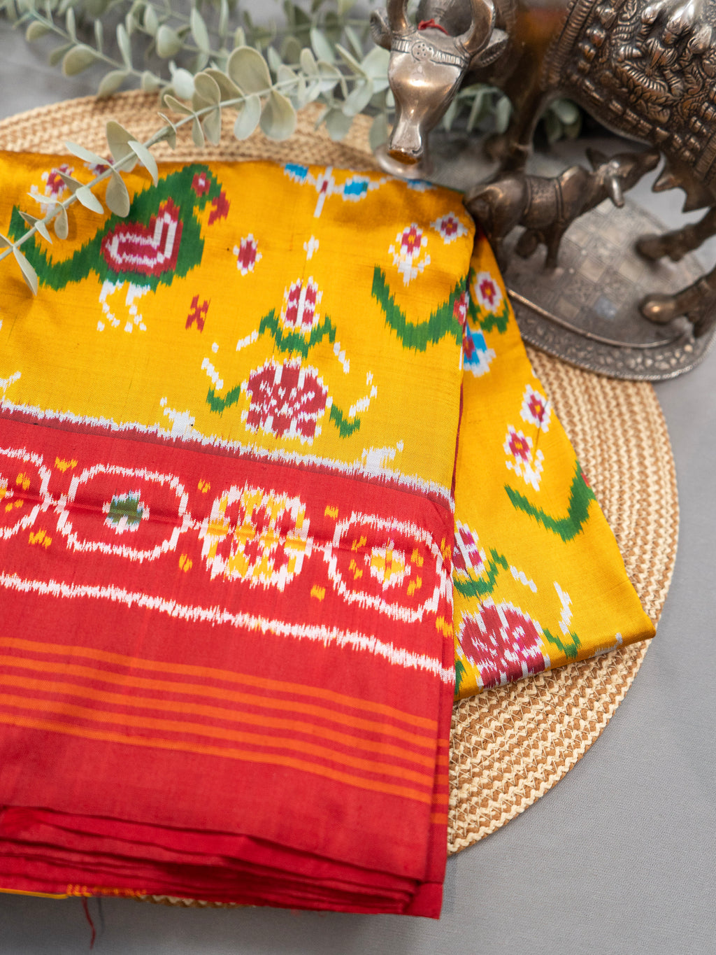 Red Mustard Pochampally Ikat Saree
