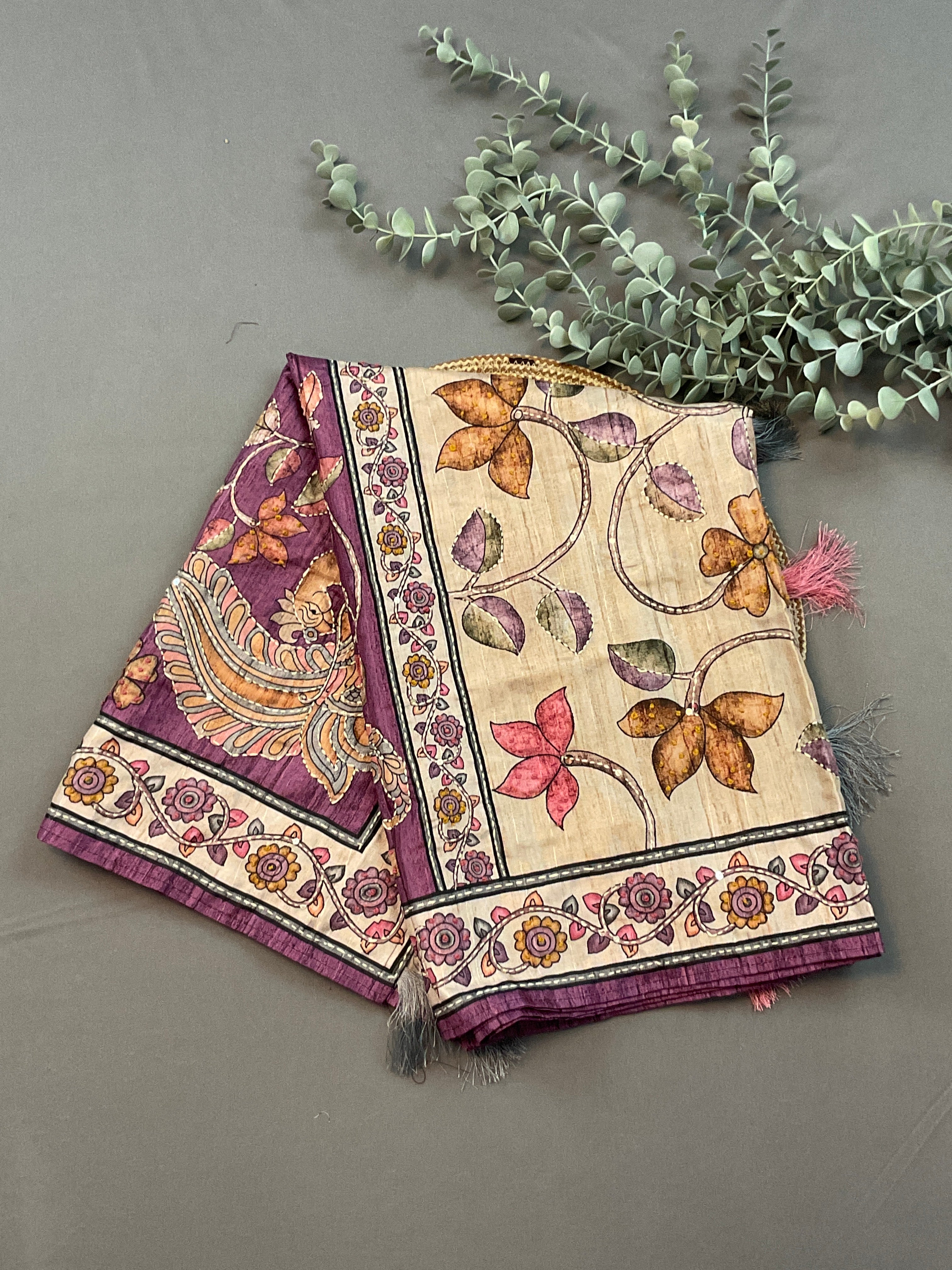 Purple Handloom Silk Dress Material with Kalamkari Dupatta & Kantha Work – Unstitched 3-Piece Suit