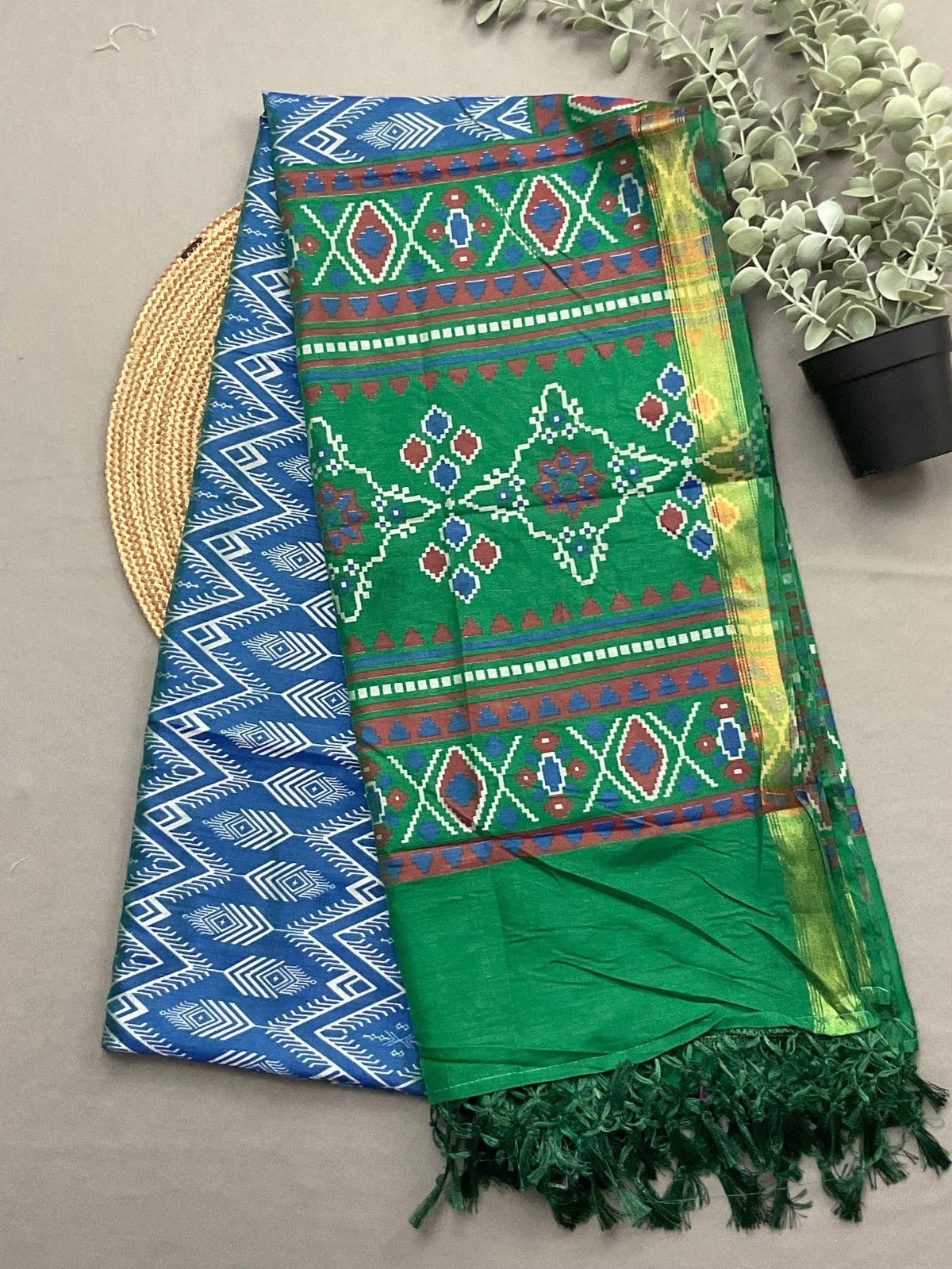 Royal blue designer dupatta for green patola print silk dress material