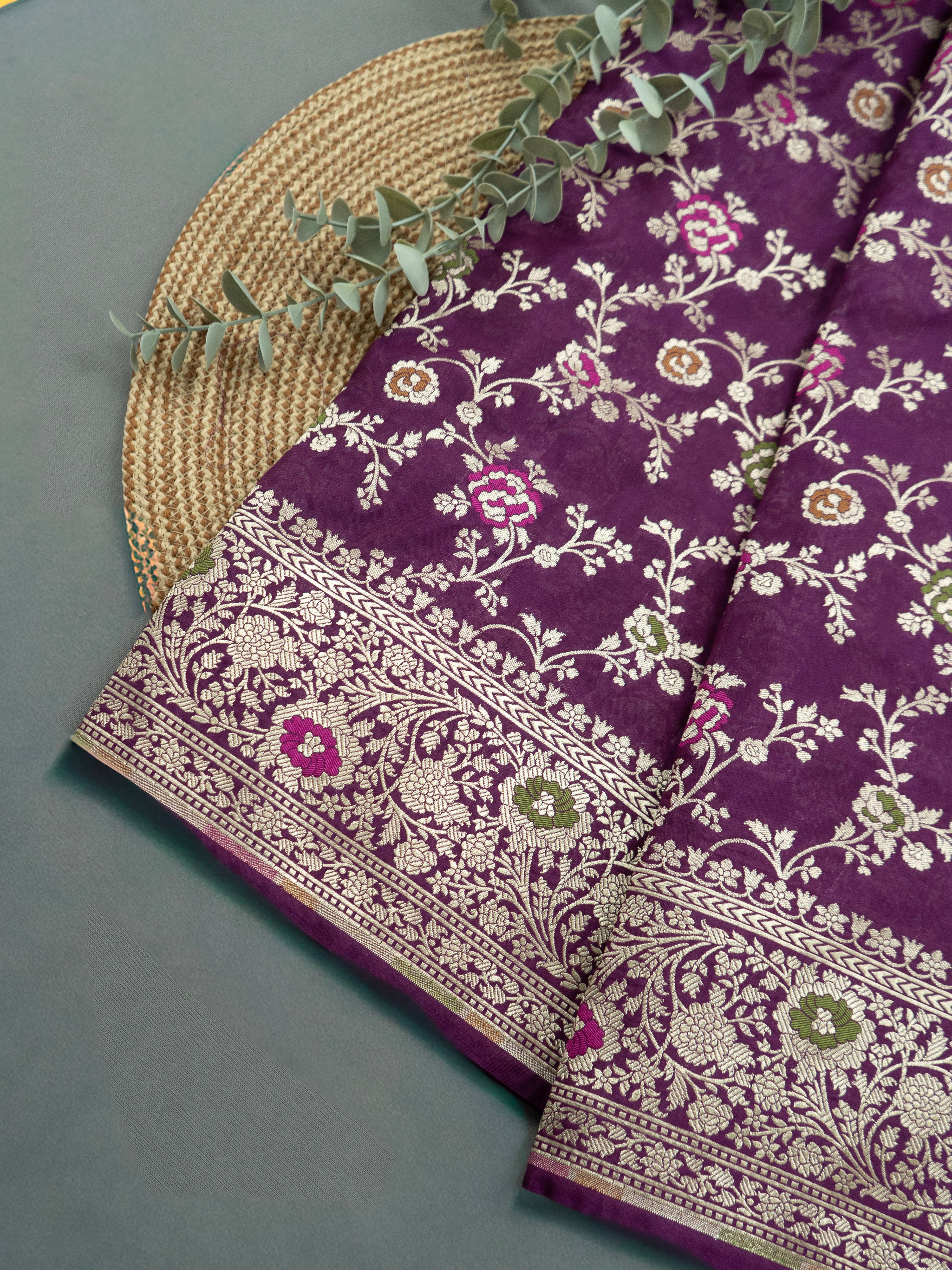 Pure Banarasi Katan Silk Saree in Purple with Silver Zari & Rich Zari Pallu