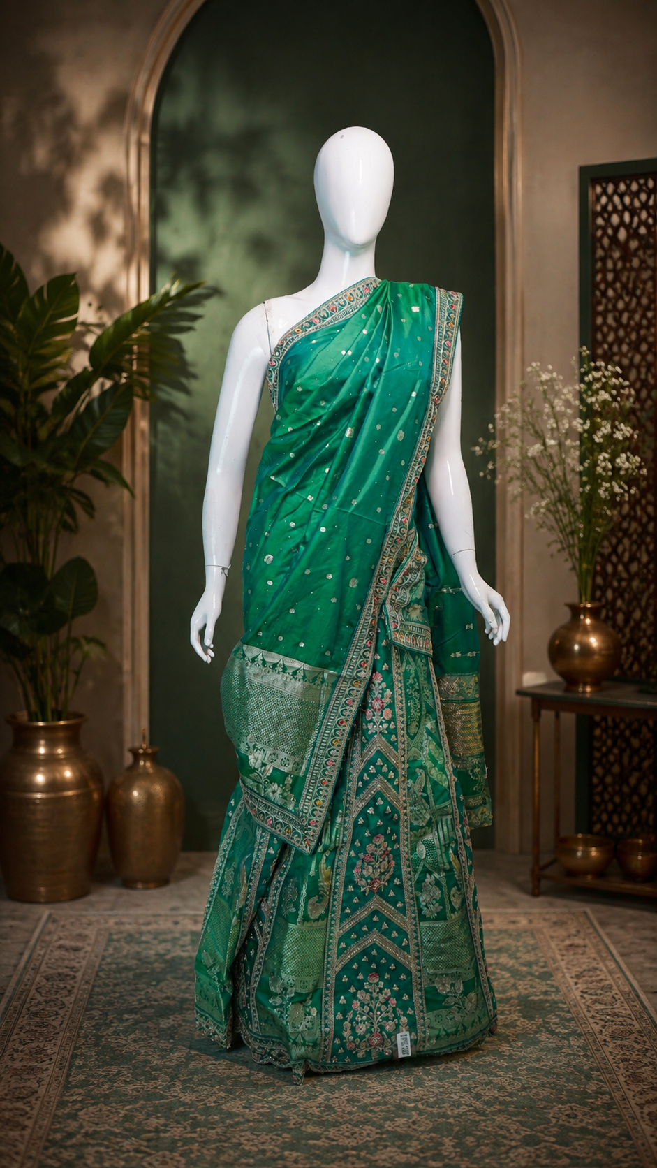 Emerald Green Handloom Silk Lehenga with Silver Zari Temple Weave