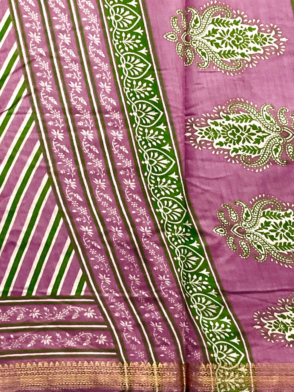 Kalamkari Leheriya Printed Soft Silk Saree in Lavender with Designer Pallu and Gold Border