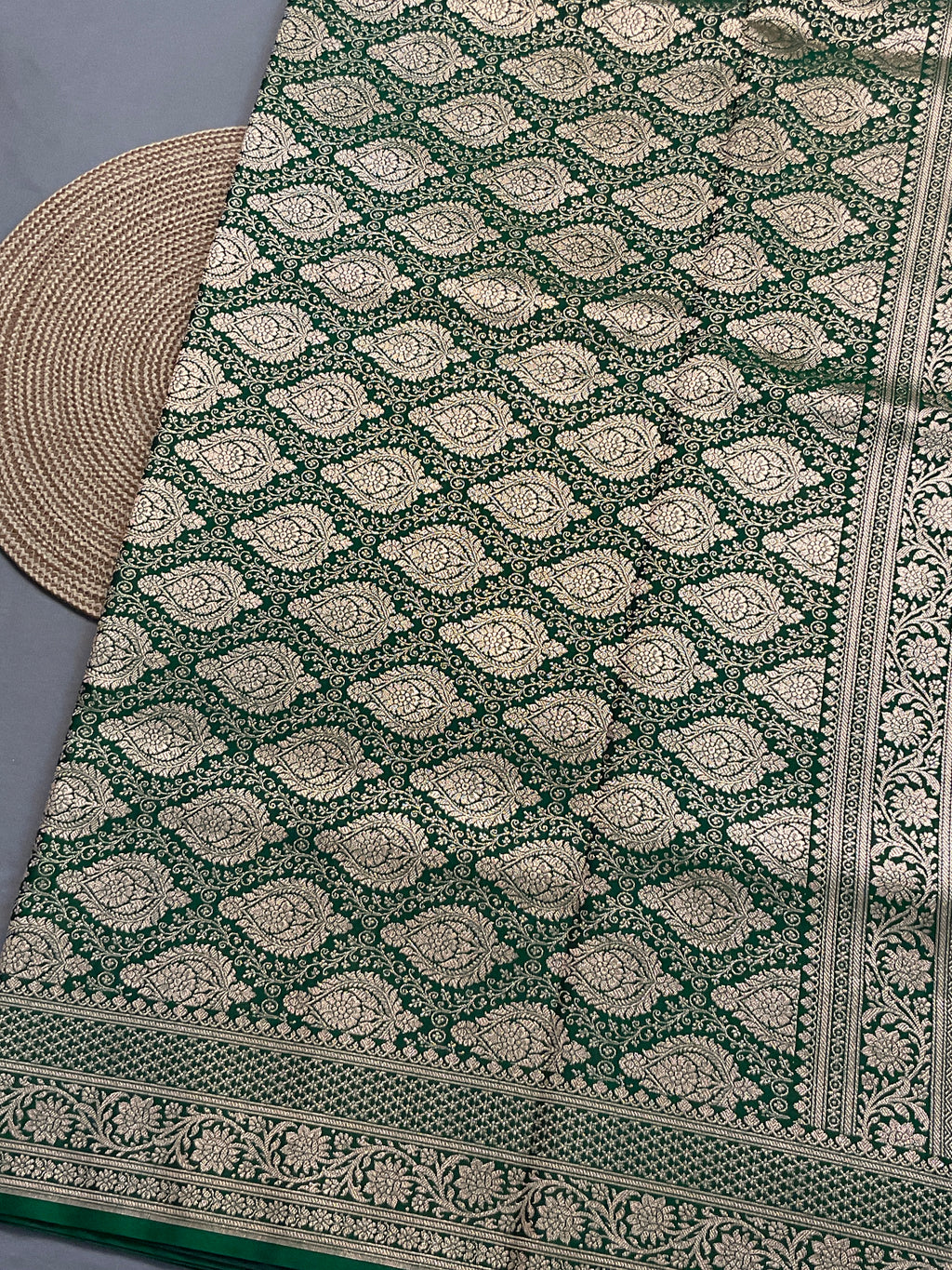 Handloom Banarasi Silk Saree in Olive Green with Contrast Border & Designer Pallu