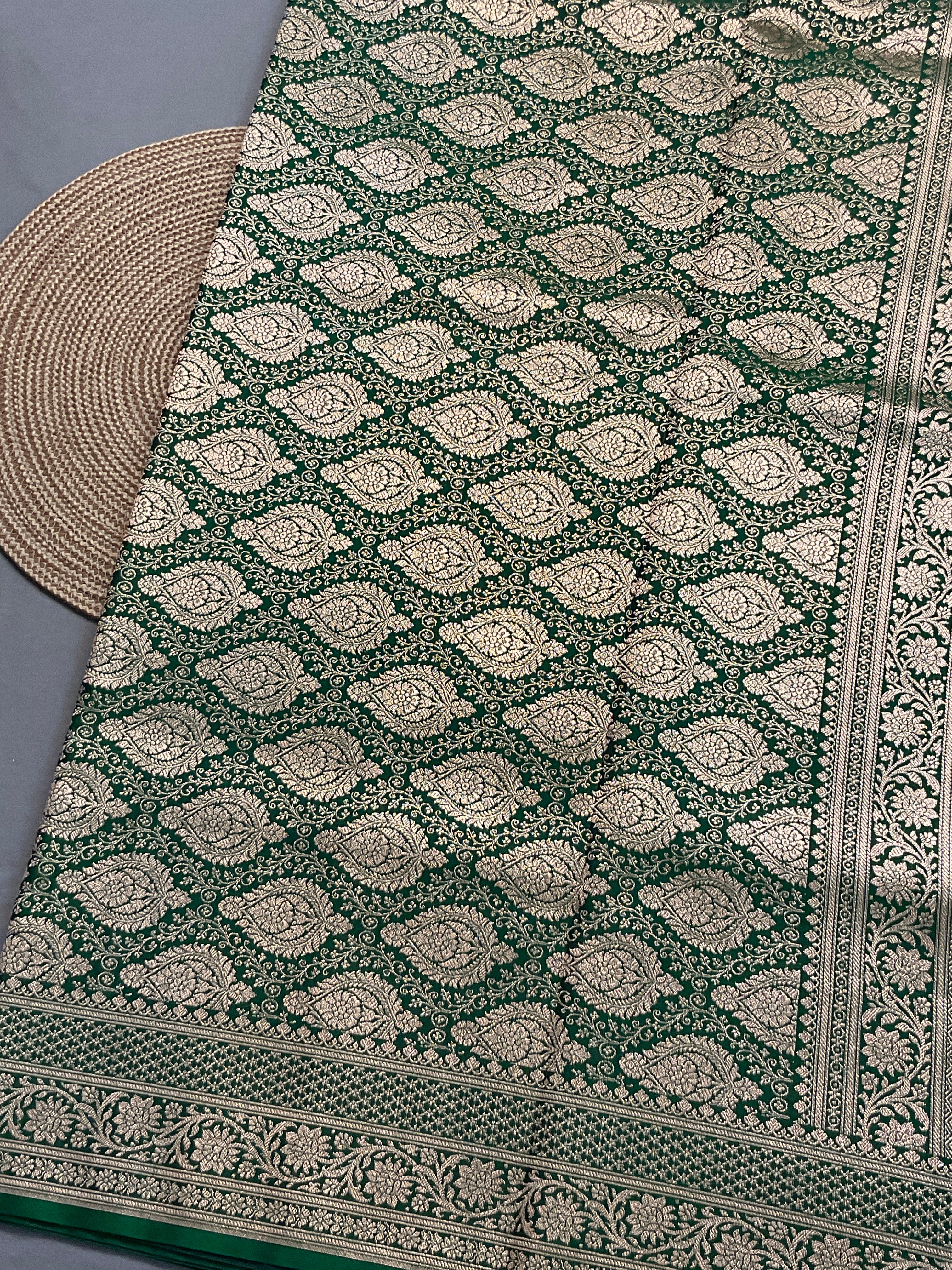 Handloom Banarasi Silk Saree in Olive Green with Contrast Border & Designer Pallu