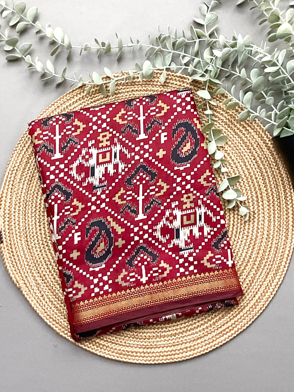 Patola Printed Soft Silk Saree in Red with Designer Patola Pallu and Gold Zari