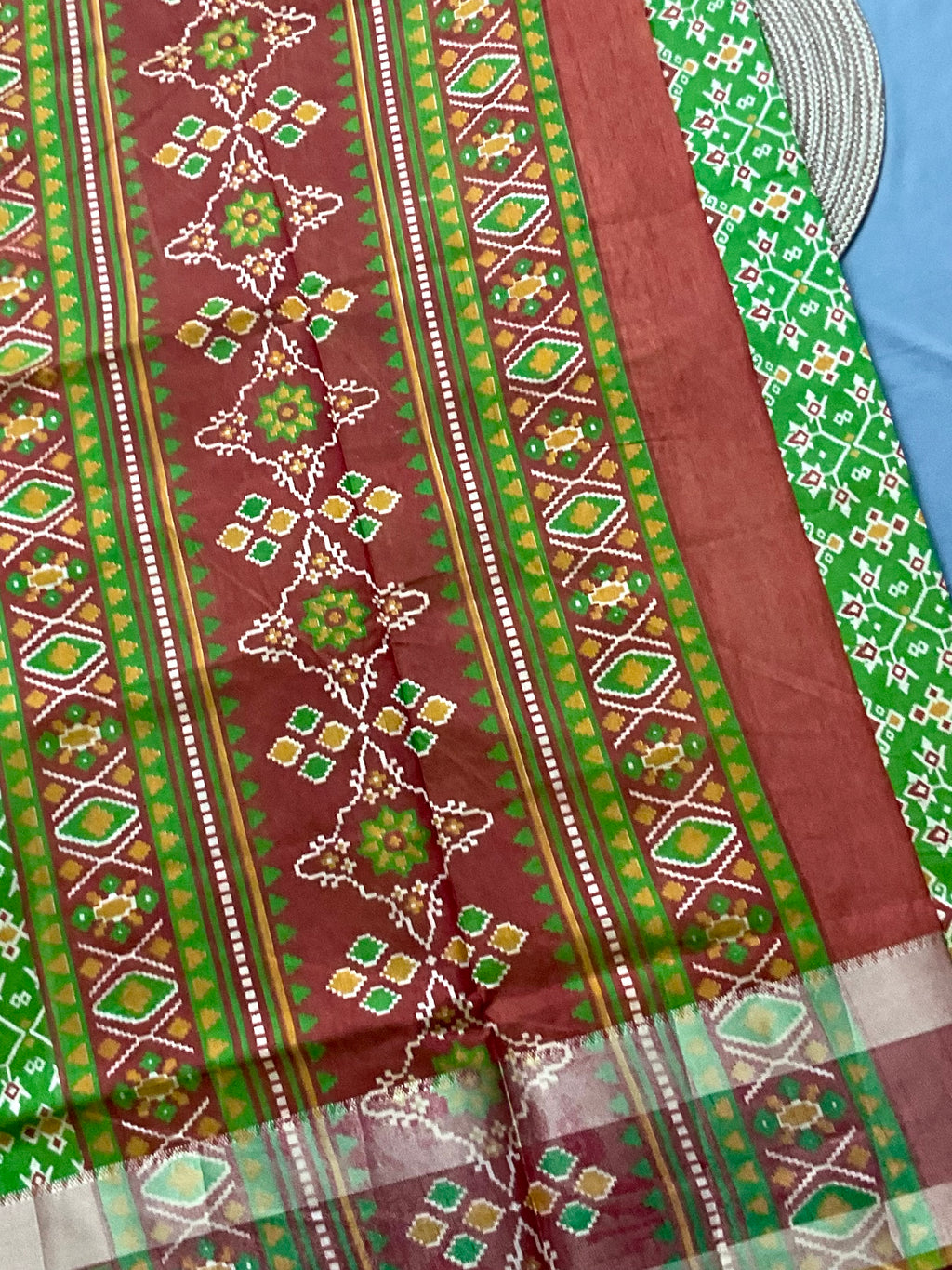 Pochampally Cotton Silk Ikkat Patola Print Saree in Green with Tangy Red Designer Pallu