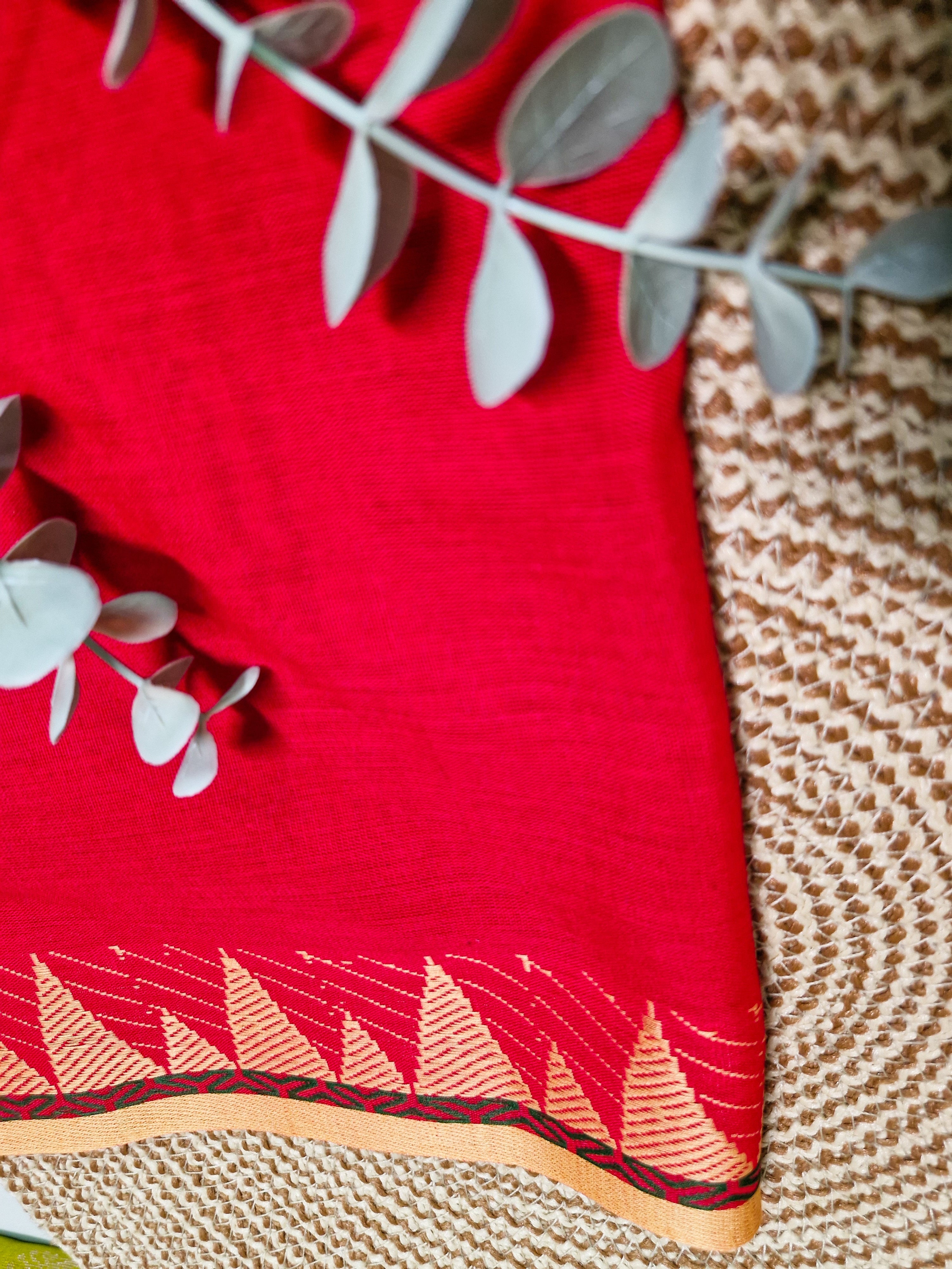 Red Pochampally Ikat Cotton Saree with Gold Zari Border