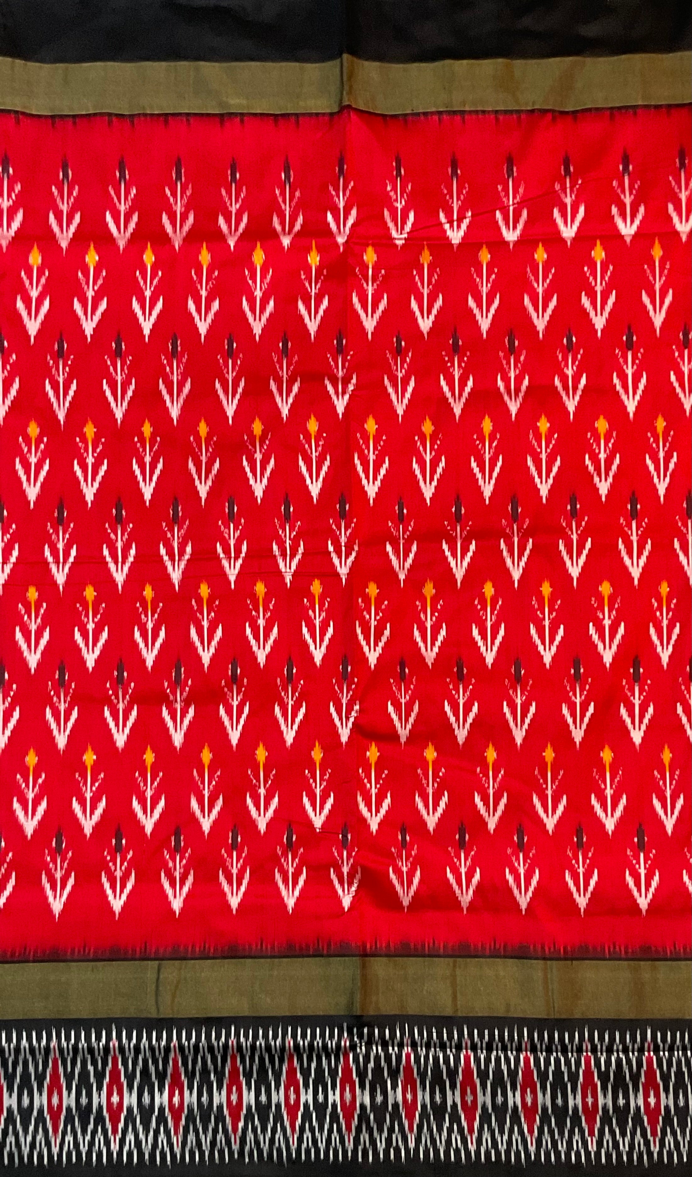 Red Pochampally Zari Silk Saree with Contrast Black Pallu & Plain Blouse