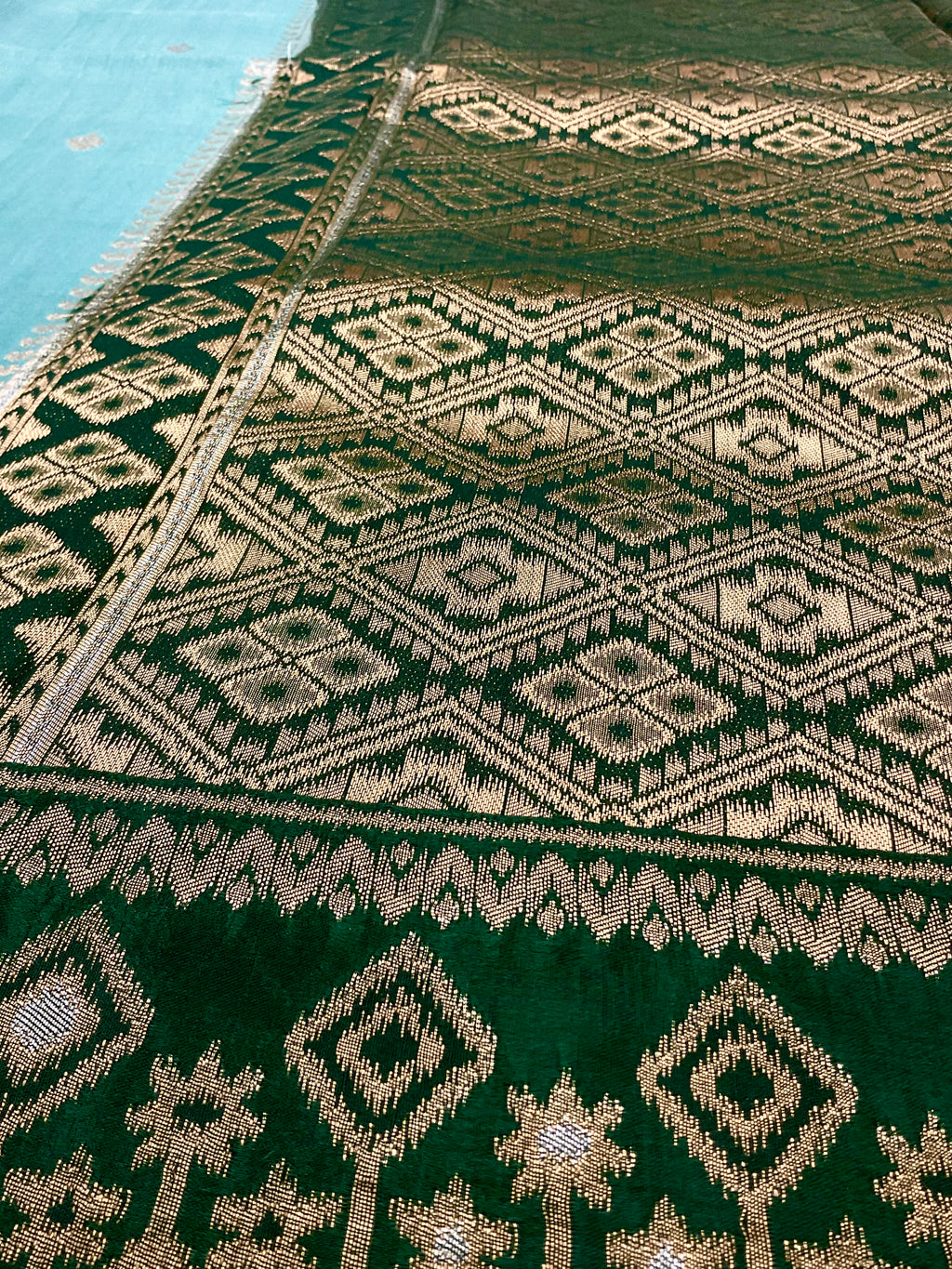 Sea Green Banarasi Handloom Silk Saree with Ikat Border — Dark Green Contrast Pallu & Designer Blouse