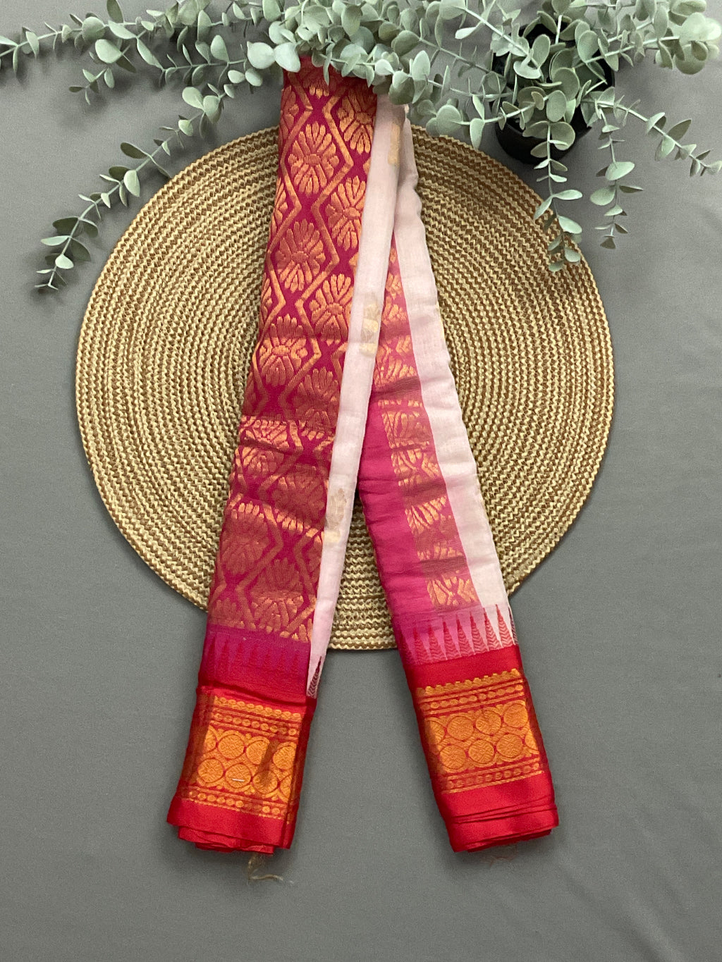 White sico Gadwal silk saree with reddish-pink zari border and pallu from Sri Manisha Sarees