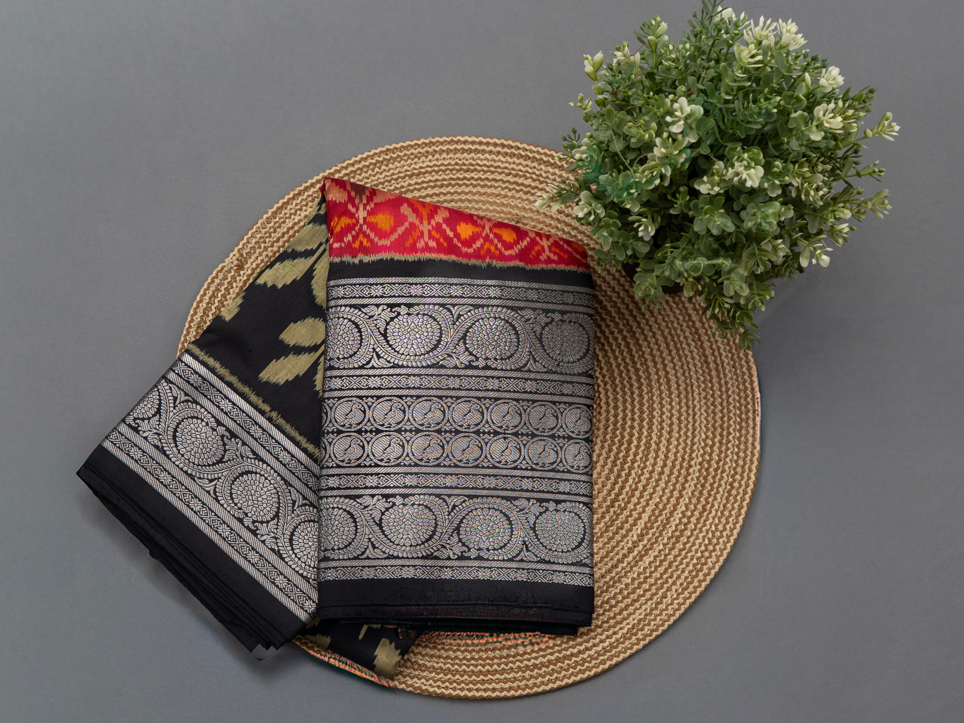 Pure Pochampally Silk Saree with Kanjeevaram Silver Zari Border & Black Silver Pallu