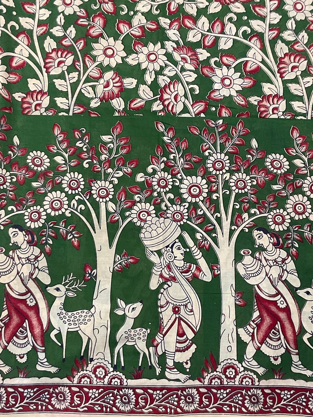 Kalamkari Hand Block Print Mul Cotton Saree – Olive Green | With Blouse Piece