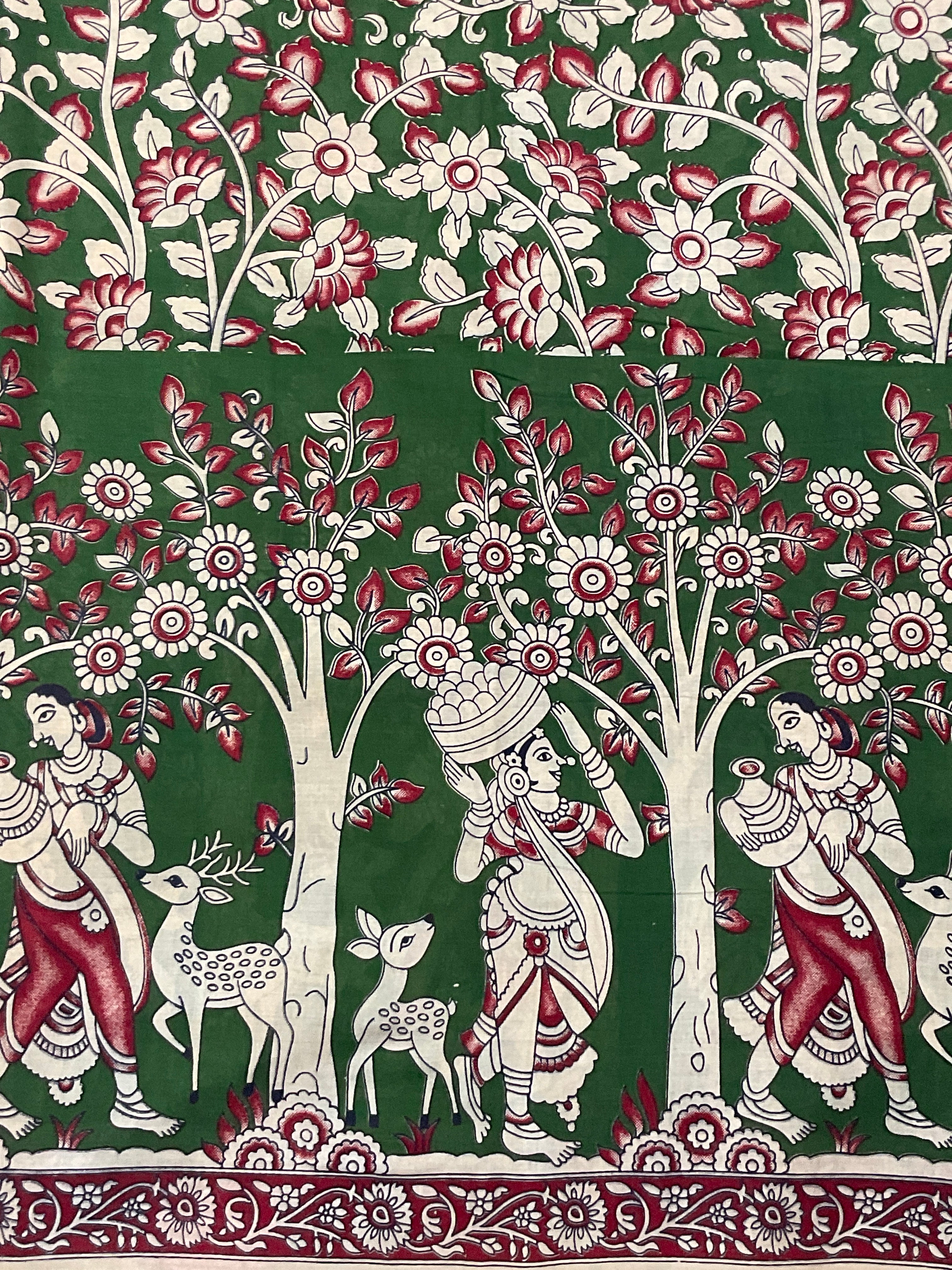 Kalamkari Hand Block Print Mul Cotton Saree – Olive Green | With Blouse Piece