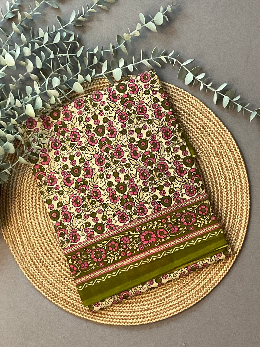 Pista Green Kalamkari Floral Printed Cotton Saree with Blouse