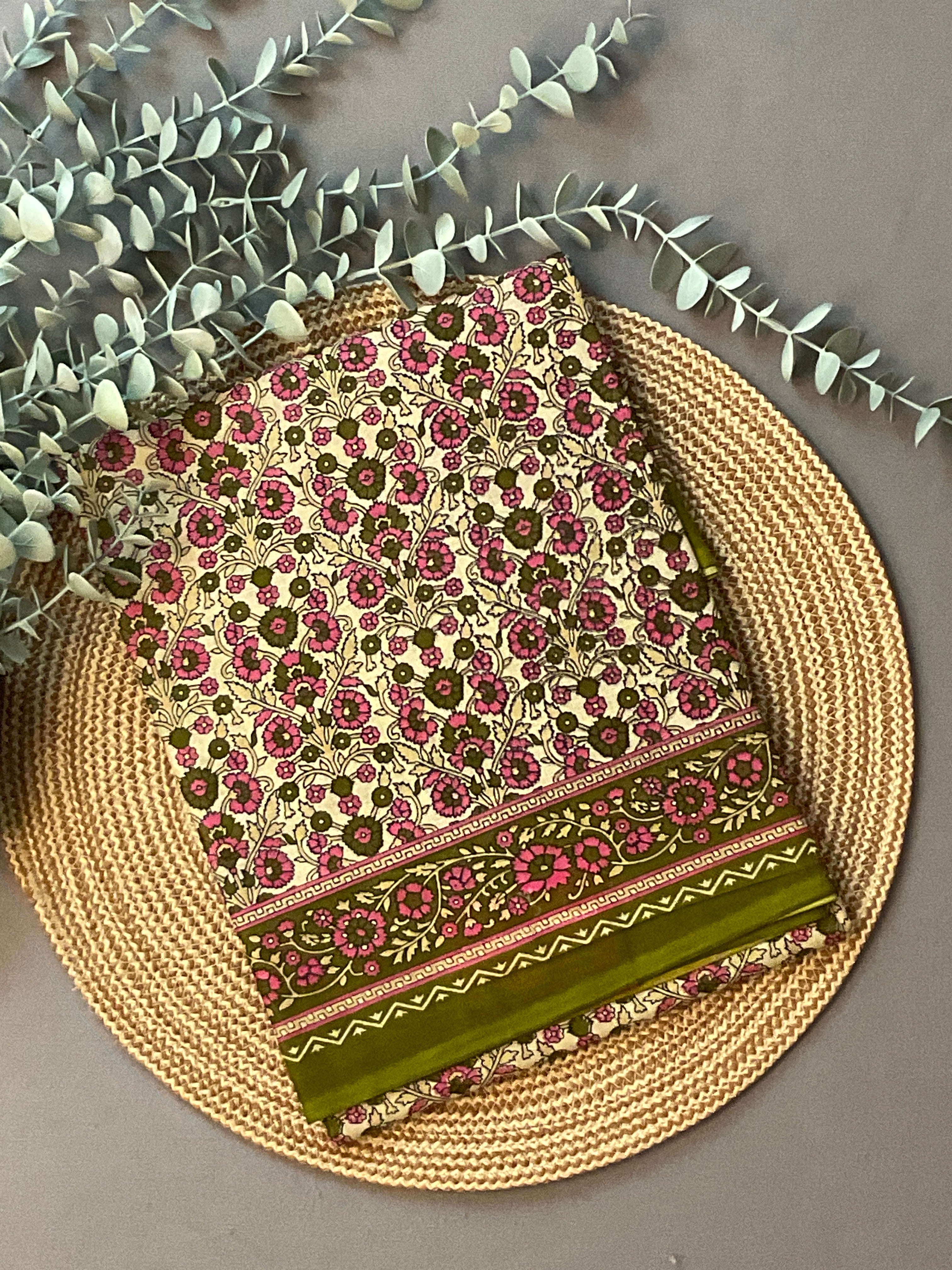 Pista Green Kalamkari Floral Printed Cotton Saree with Blouse