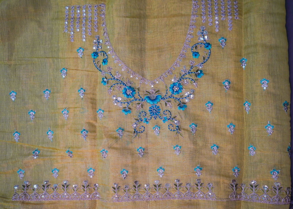 Sunshine Yellow Handloom Silk Lehenga with Blue Mirror Work – Haldi & Mehendi Wear