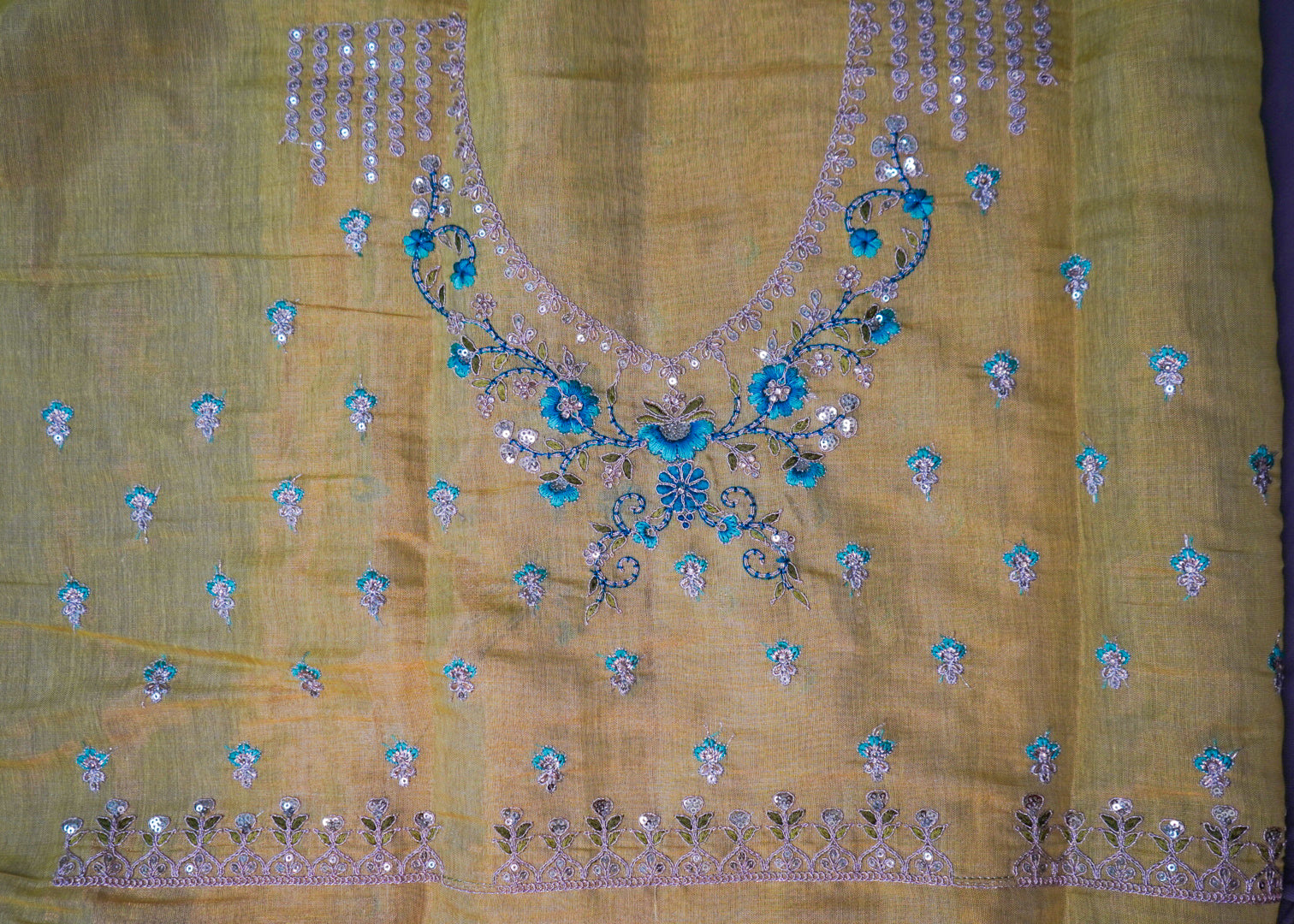 Sunshine Yellow Handloom Silk Lehenga with Blue Mirror Work – Haldi & Mehendi Wear