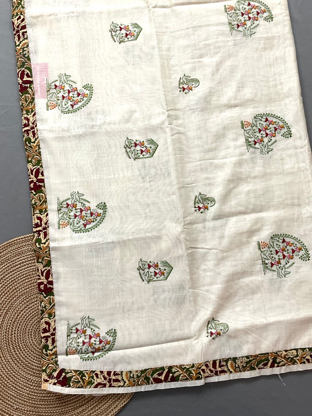 Kalamkari Handwork Cotton Linen Saree in Green with Attached Kalamkari Border, Running Pallu & Designer Blouse