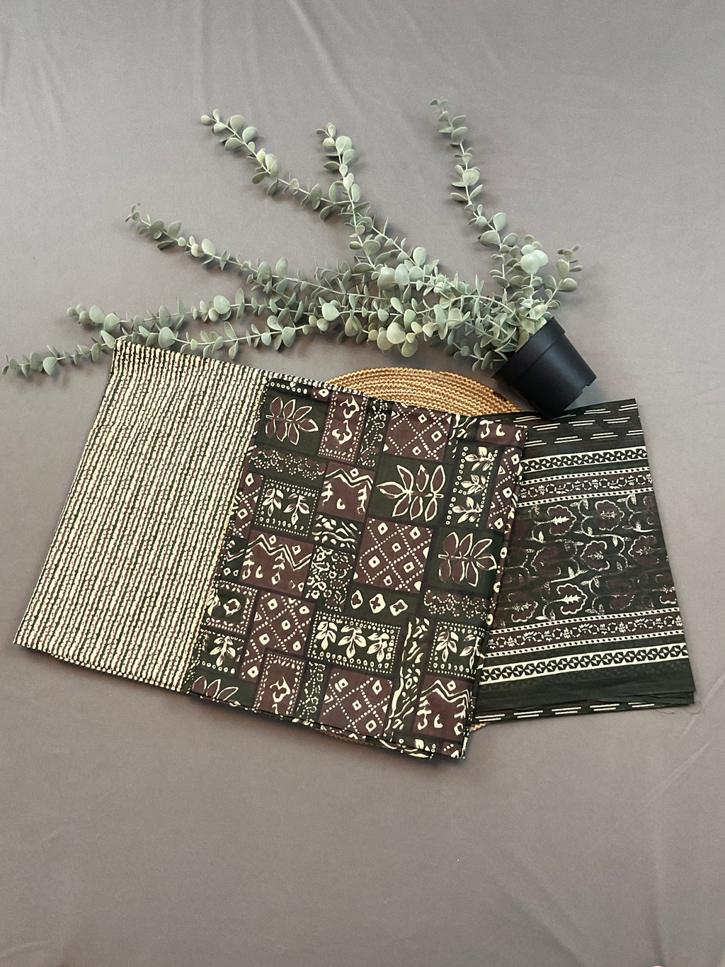 Green & Brown Multicolour Pochampally Pure Cotton Printed Dress Material – Unstitched 3-Piece Suit