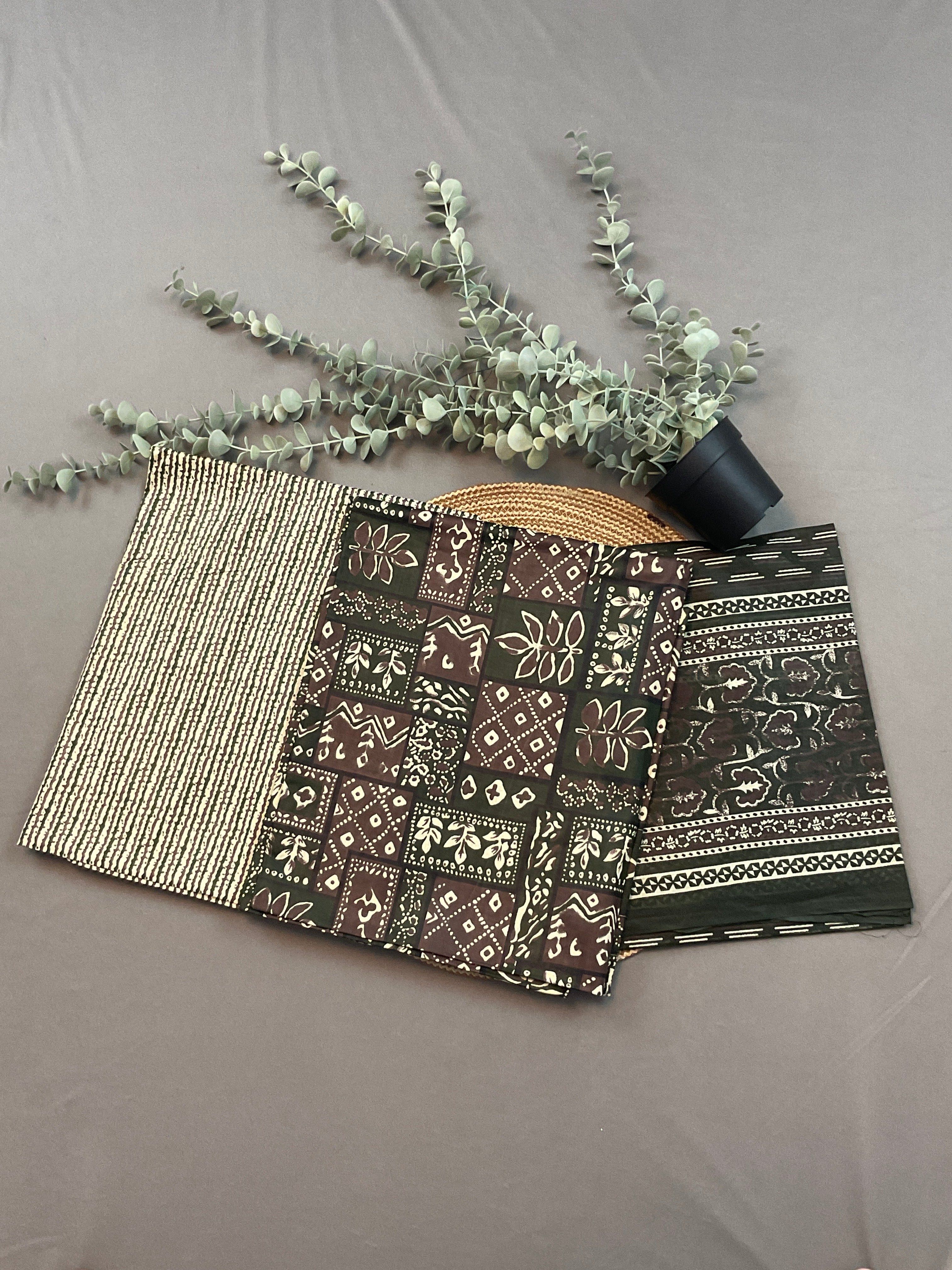 Green & Brown Multicolour Pochampally Pure Cotton Printed Dress Material – Unstitched 3-Piece Suit