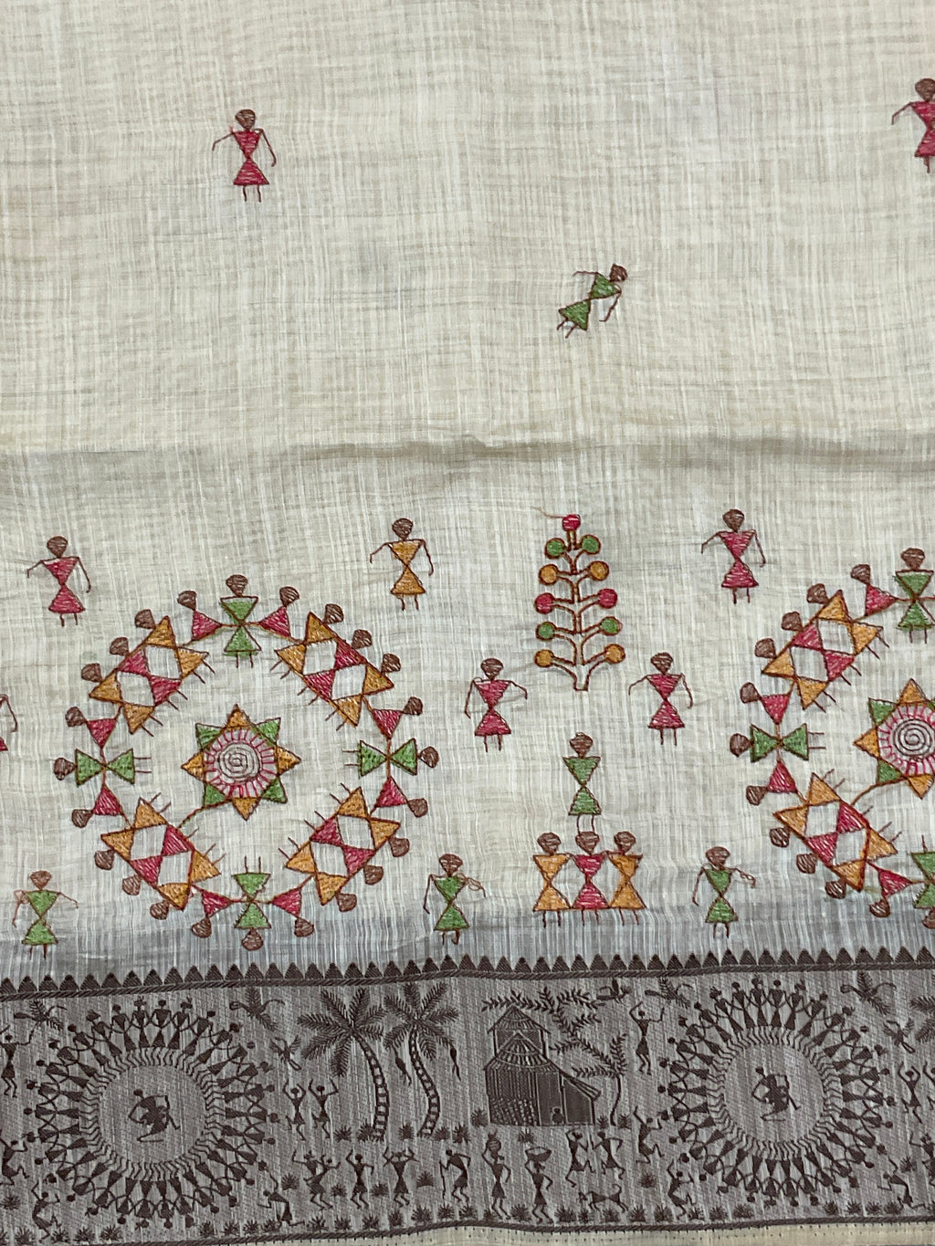Warli Weaving Border Cotton Linen Saree in Brown with Lined Pallu