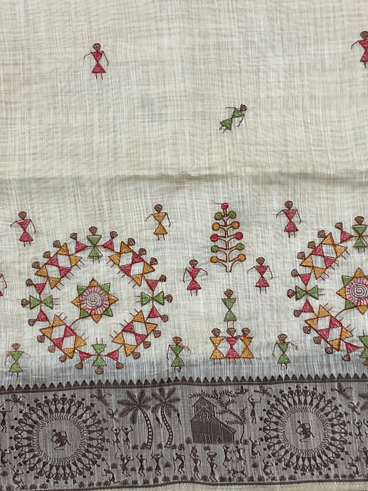 Warli Weaving Border Cotton Linen Saree in Brown with Lined Pallu