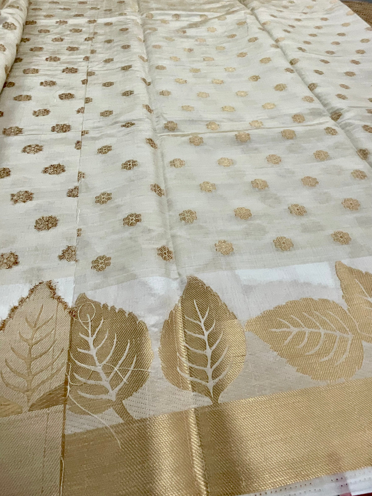 White and gold zari butti silk saree design 1