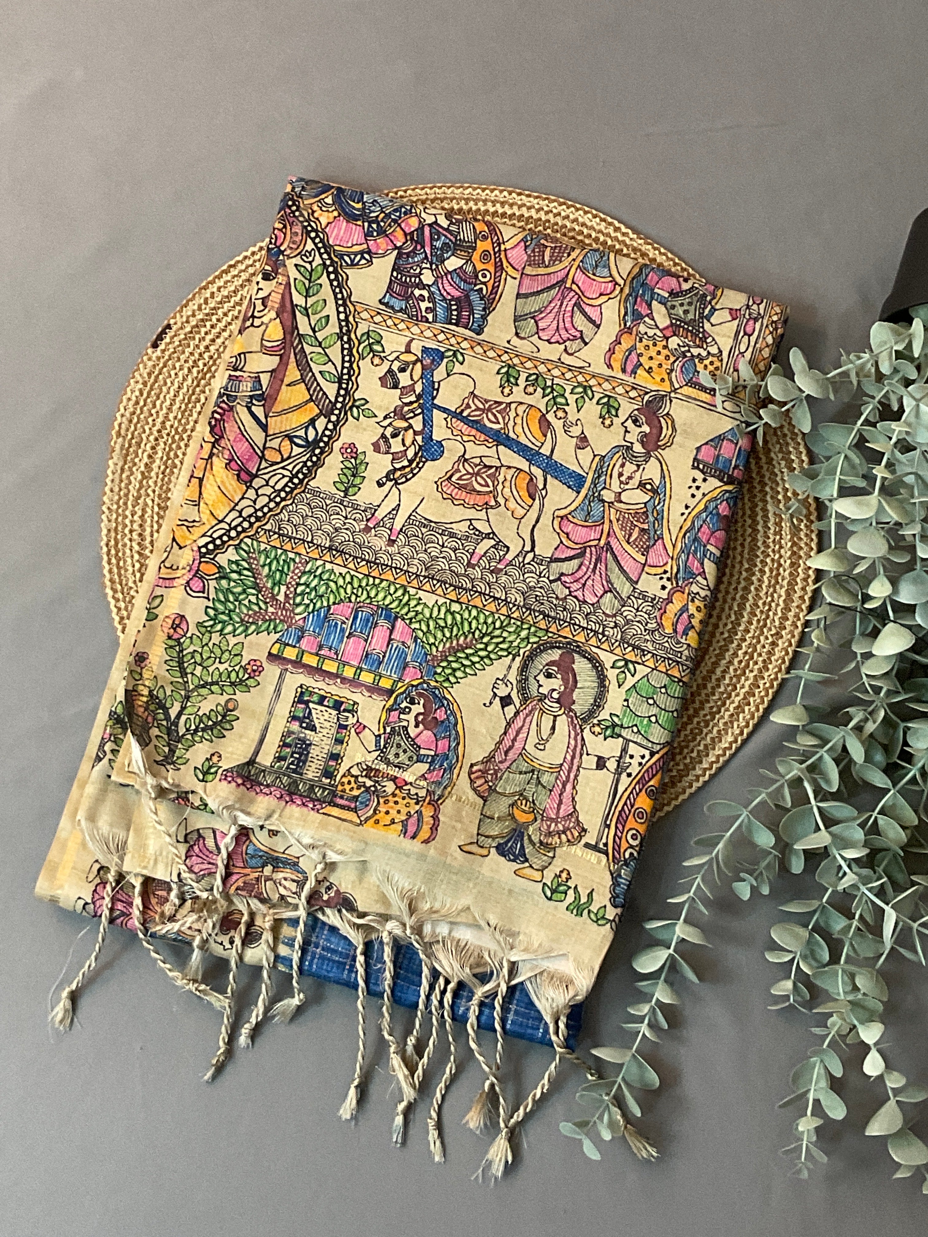 Kalamkari Hand Block Printed Handloom Silk Saree in Blue with Designer Pallu & Blouse