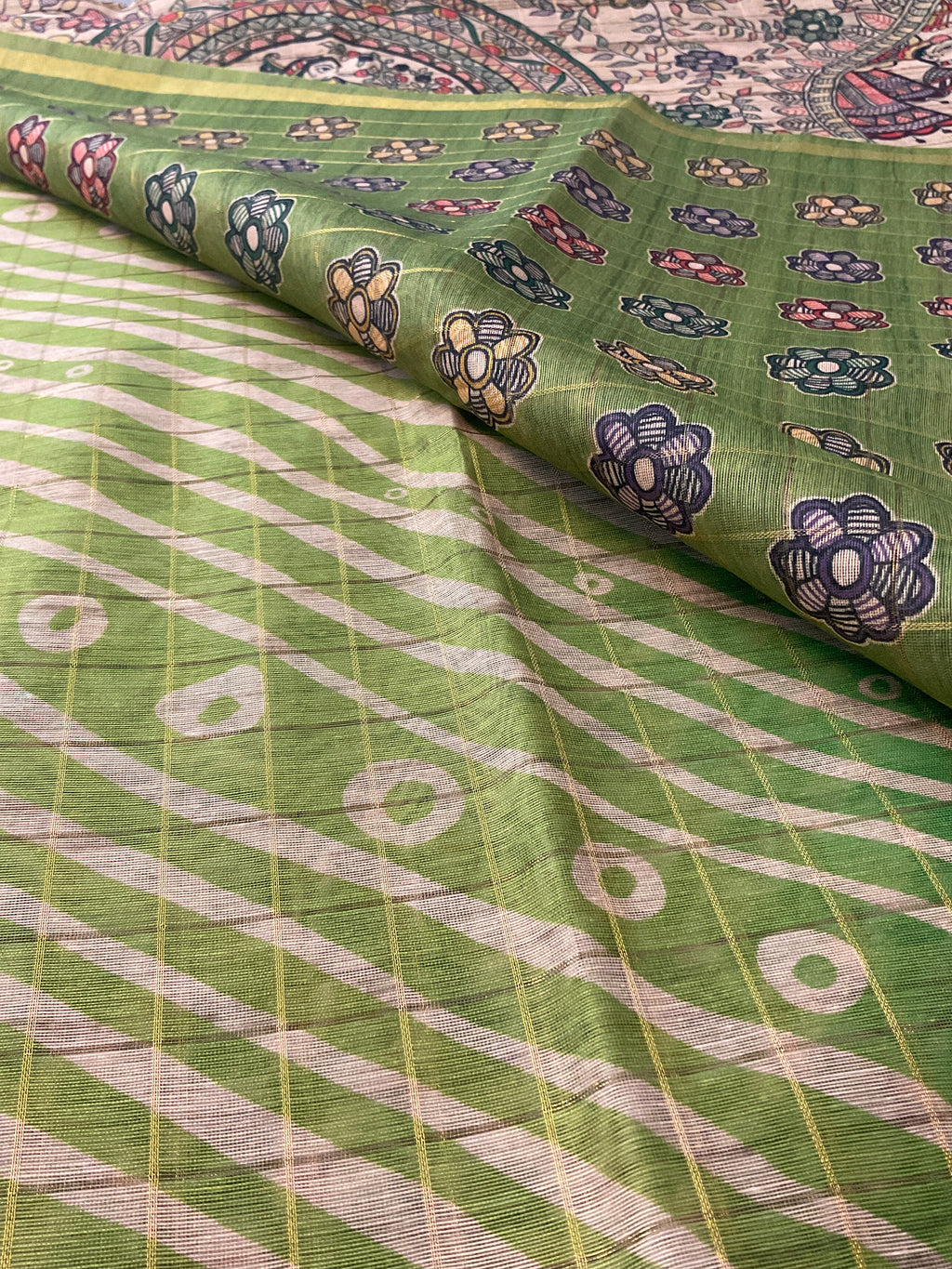Kalamkari Hand Block Printed Handloom Silk Saree in Green with Designer Pallu & Blouse
