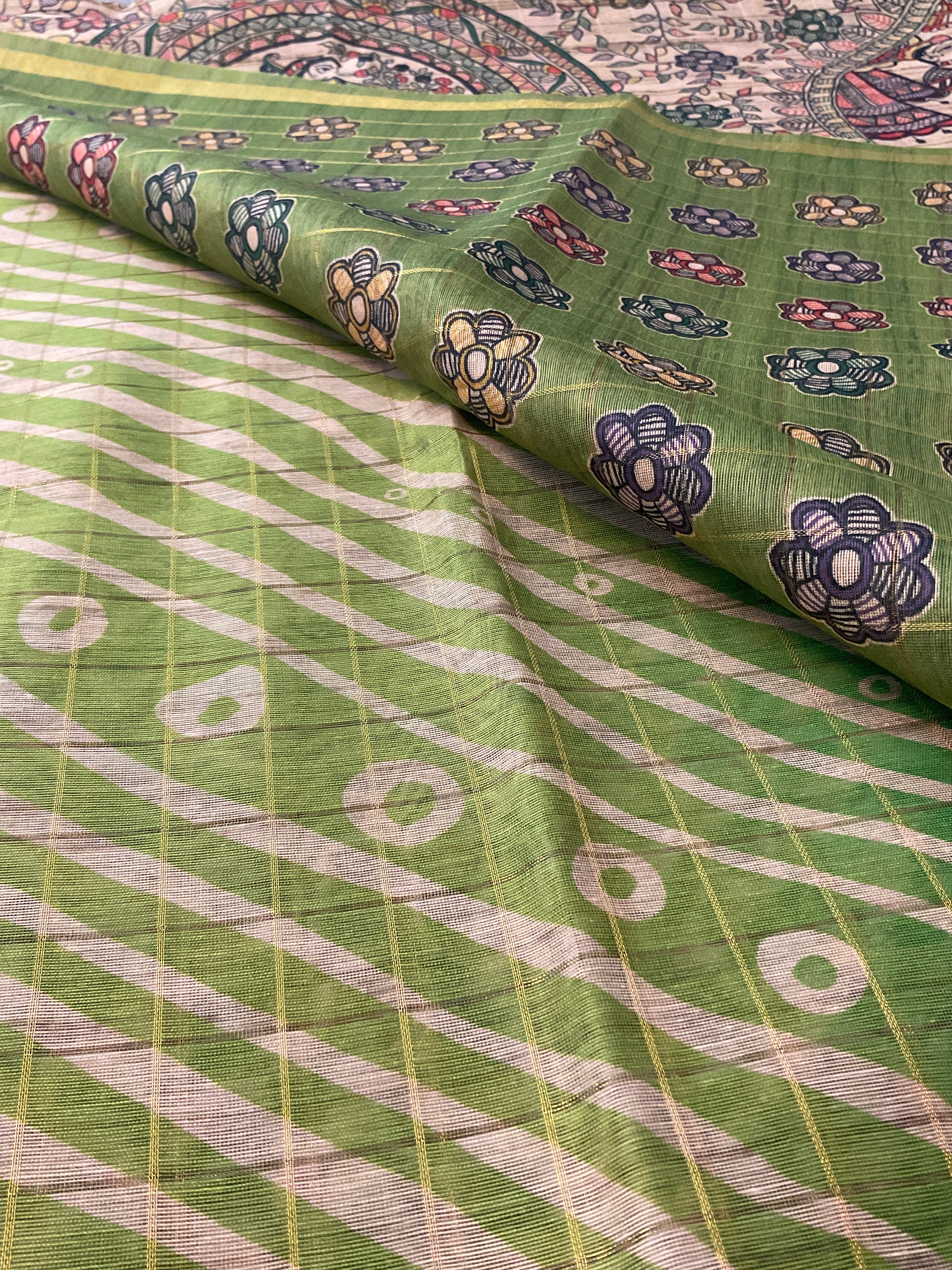 Kalamkari Hand Block Printed Handloom Silk Saree in Green with Designer Pallu & Blouse