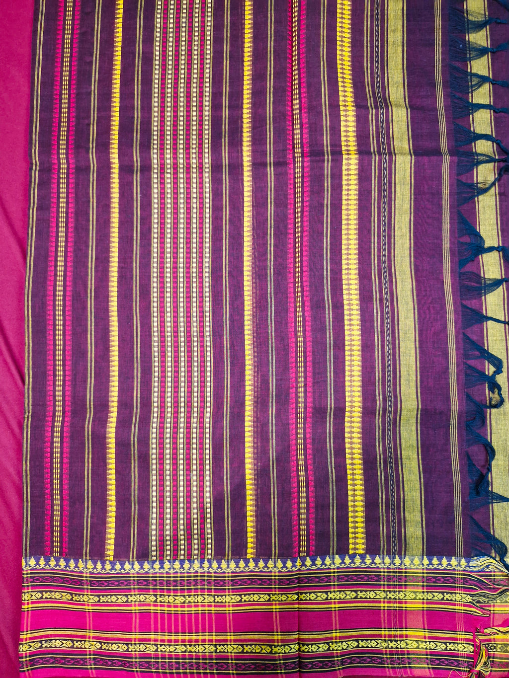 Brown Purple Pochampally Cotton Saree with Pink weaved Border