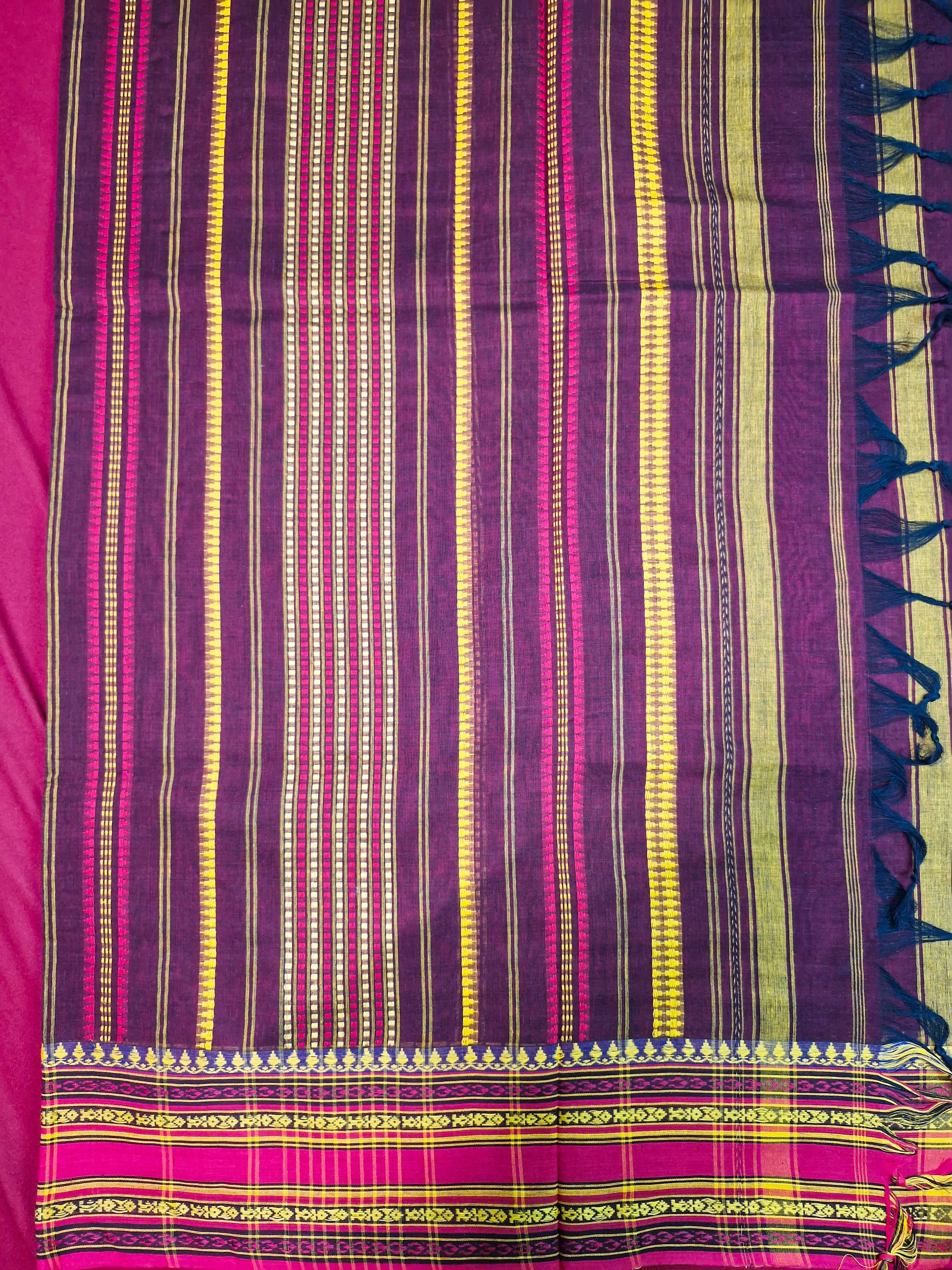 Brown Purple Pochampally Cotton Saree with Pink weaved Border