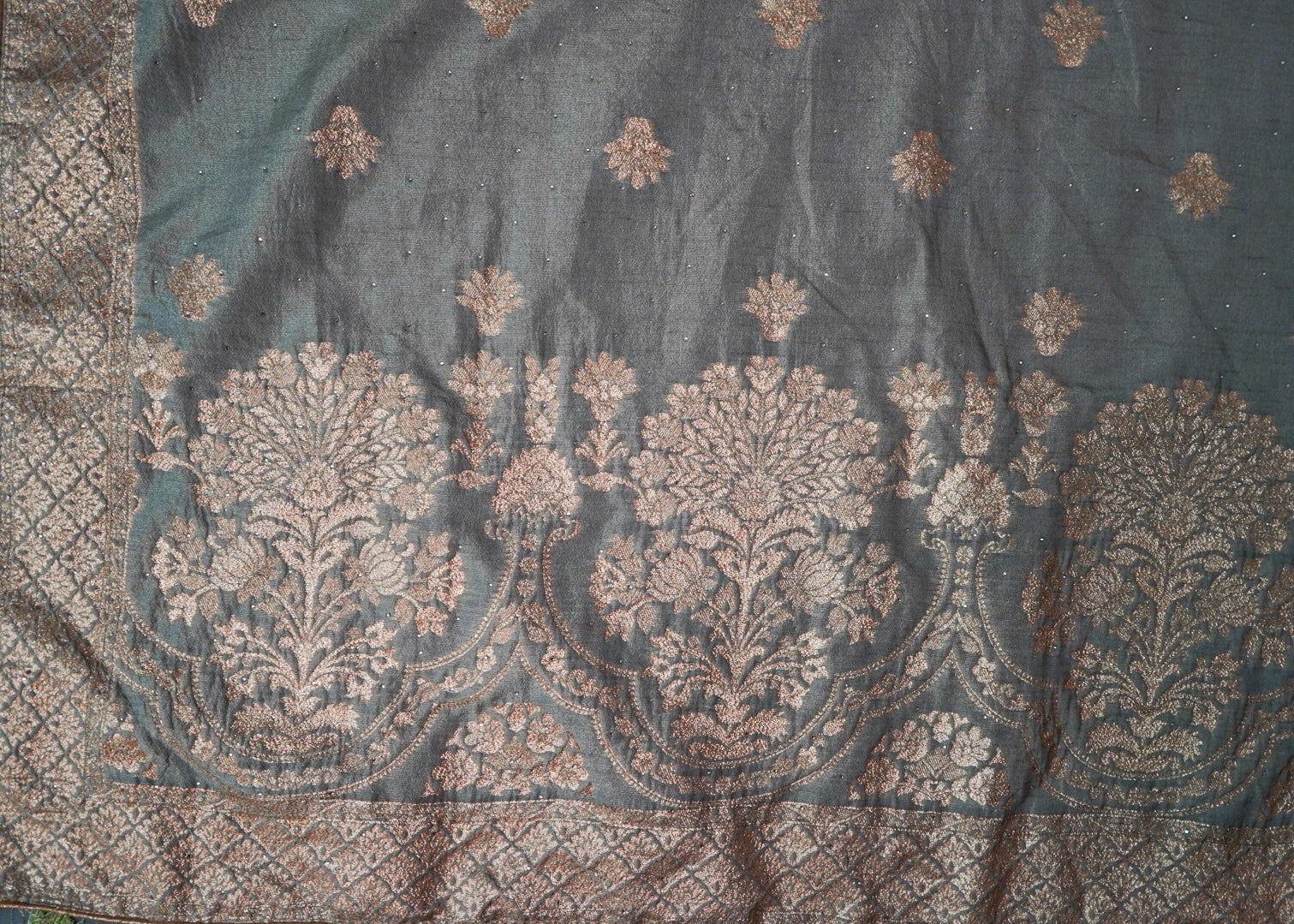 Sage Mint Handloom Banarasi Silk Lehenga with gold Zari Brocade