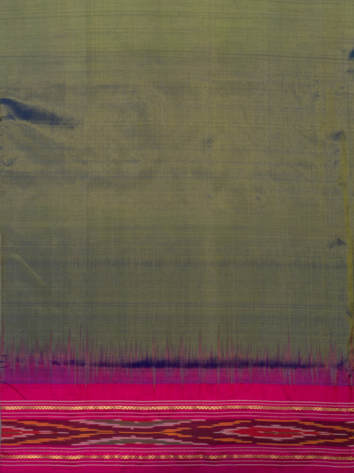 Dark Green Pochampally Single Ikat Silk Saree — Pink Patola Border & Pallu (Without Blouse)