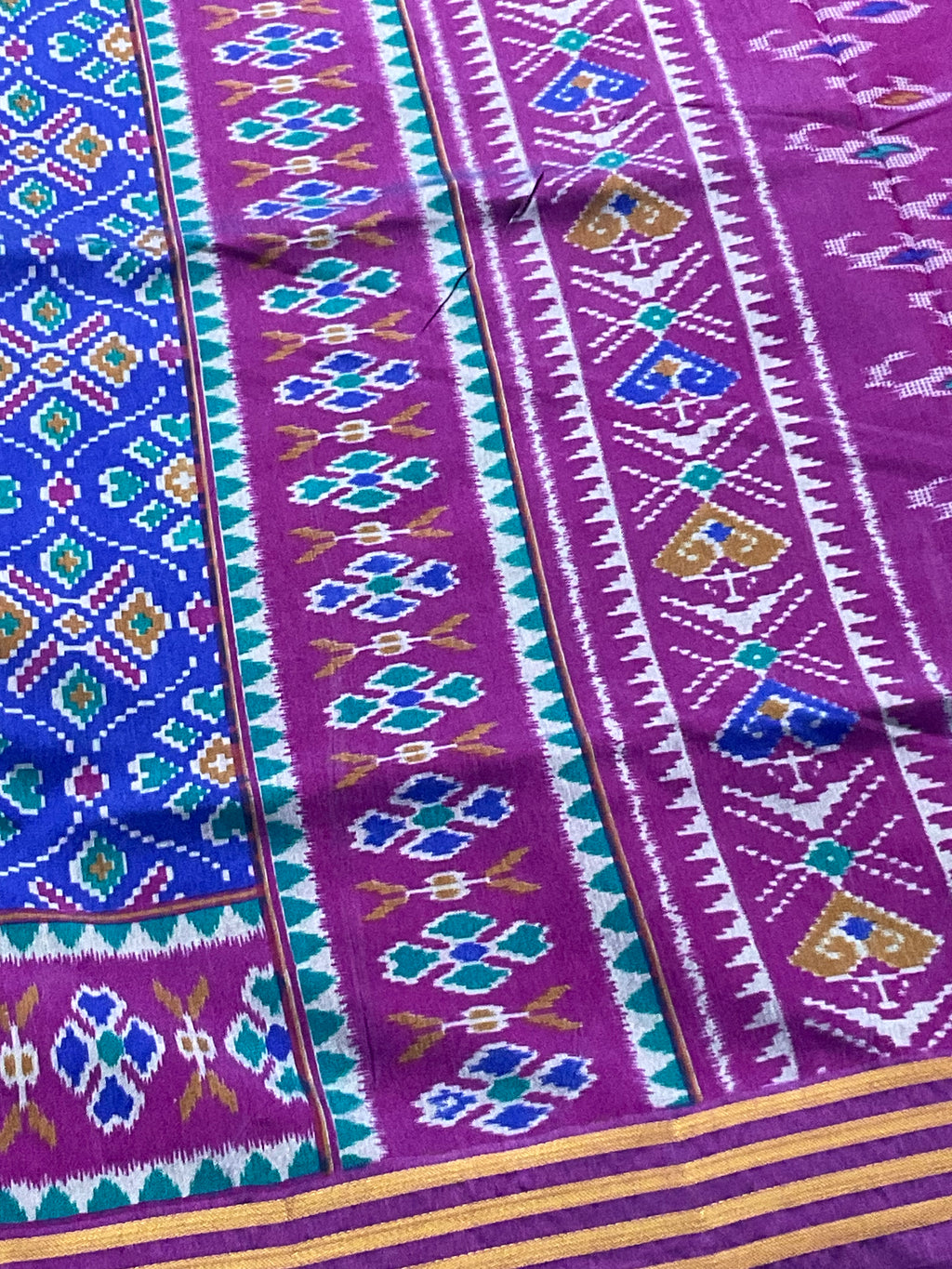 Pochampally Cotton Silk Ikkat Patola Print Saree in Blue with Designer Pink Pallu